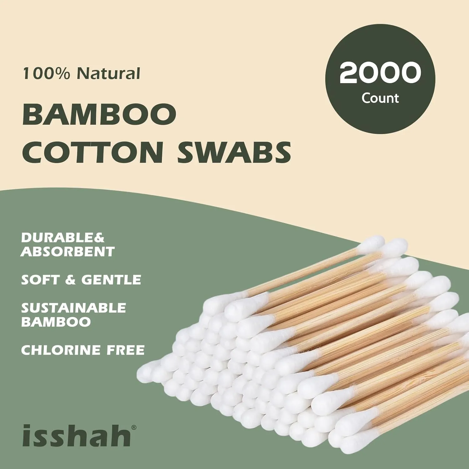 Bamboo Cotton Swabs - 2000 Count - FSC Certified and PETA Approved, Eco Friendly Double Tips, Plastic Free Ear Sticks, All Natural 100% Biodegradable Organic Cotton Buds by Isshah