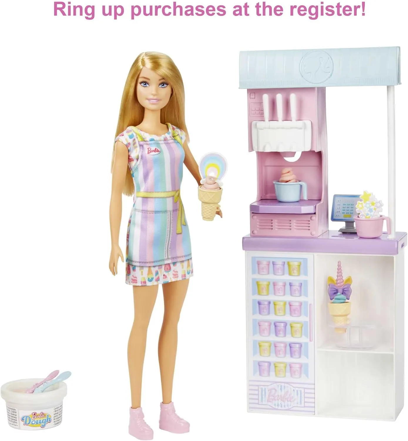 Barbie Careers Playset, Ice Cream Shop Set with Blonde Fashion Doll, Ice Cream Machine, Molds, Dough & Accessories