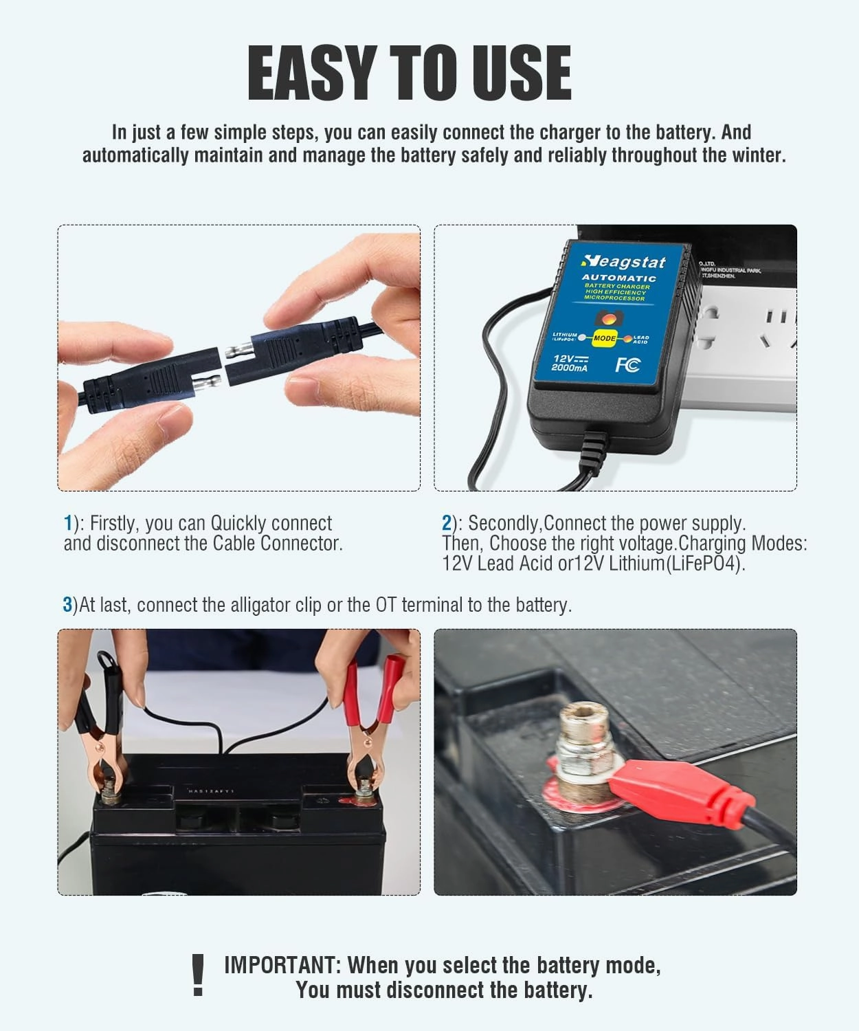 Battery Charger, 12V 2-Amp Fully-Automatic Smart Trickle Charger and Maintainer for Car Motorcycle Lawn Mower Boat ATV Lead-Acid and Lithium(LiFePO4) More