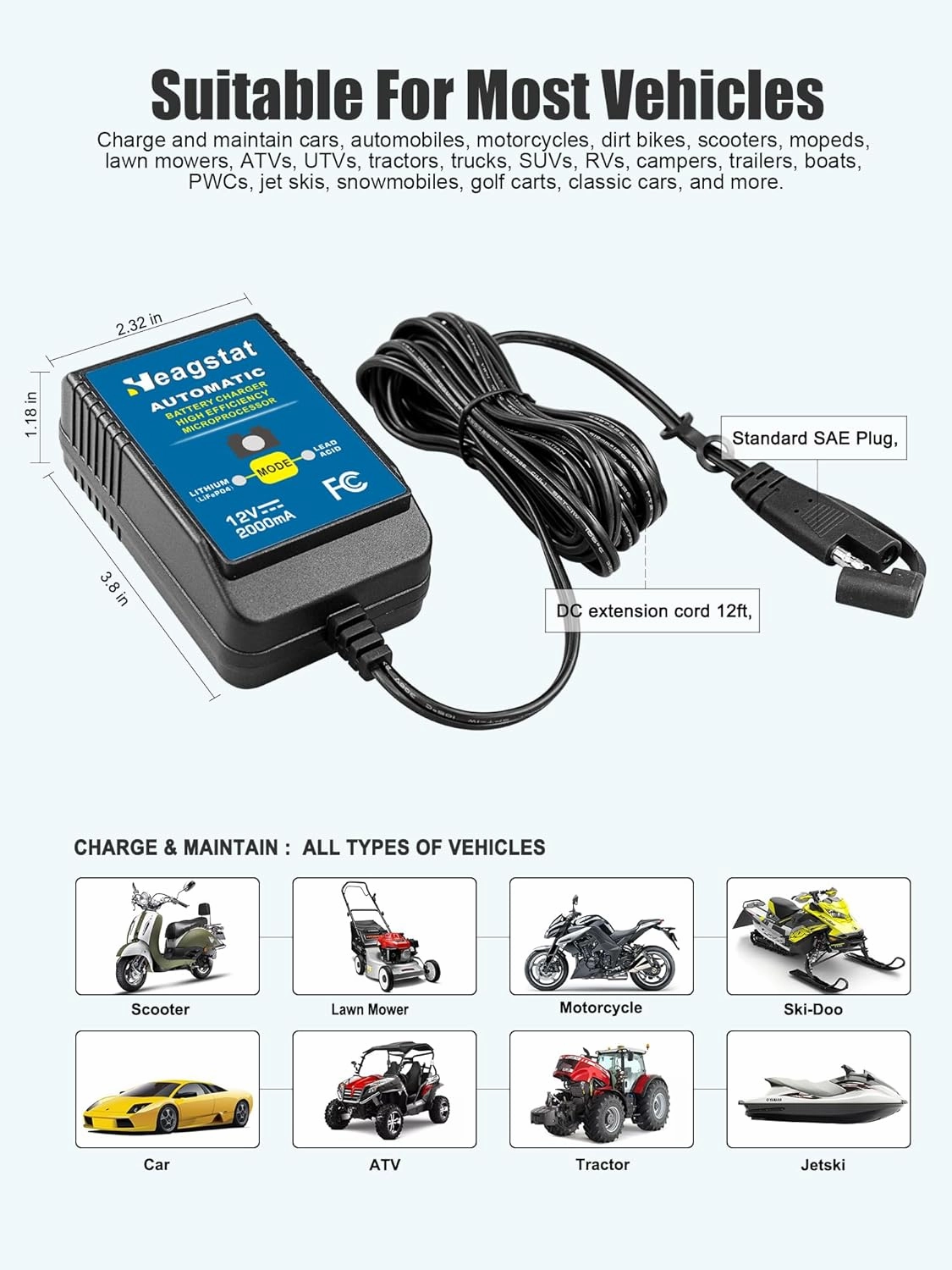 Battery Charger, 12V 2-Amp Fully-Automatic Smart Trickle Charger and Maintainer for Car Motorcycle Lawn Mower Boat ATV Lead-Acid and Lithium(LiFePO4) More