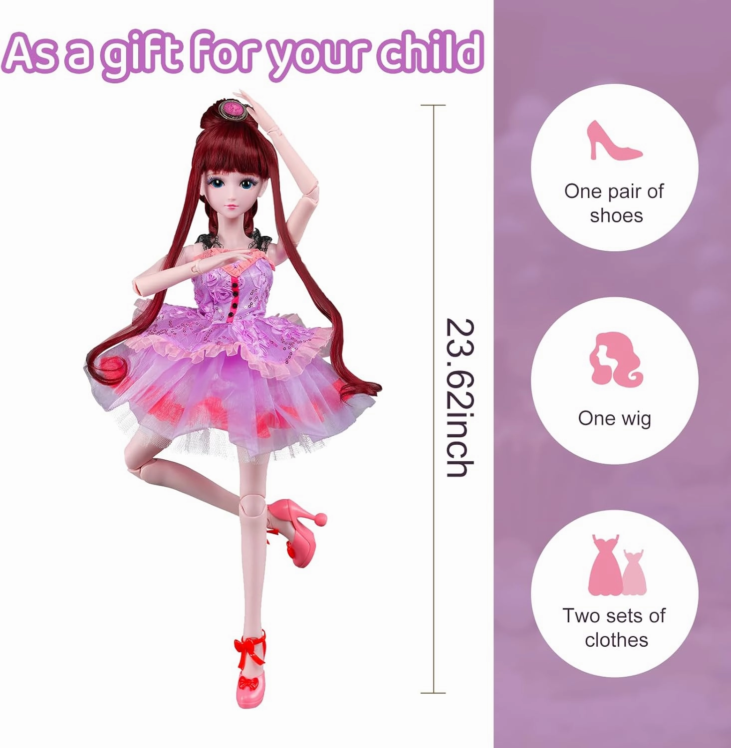 BDJ Fashion Doll,Cute Dolls, 24.8 Inches, 19 Movable Joints, Long-haired,Great Gift for Kids 3 ,Headdress and Clothing Accessories, Sparkling, Birthday Gift