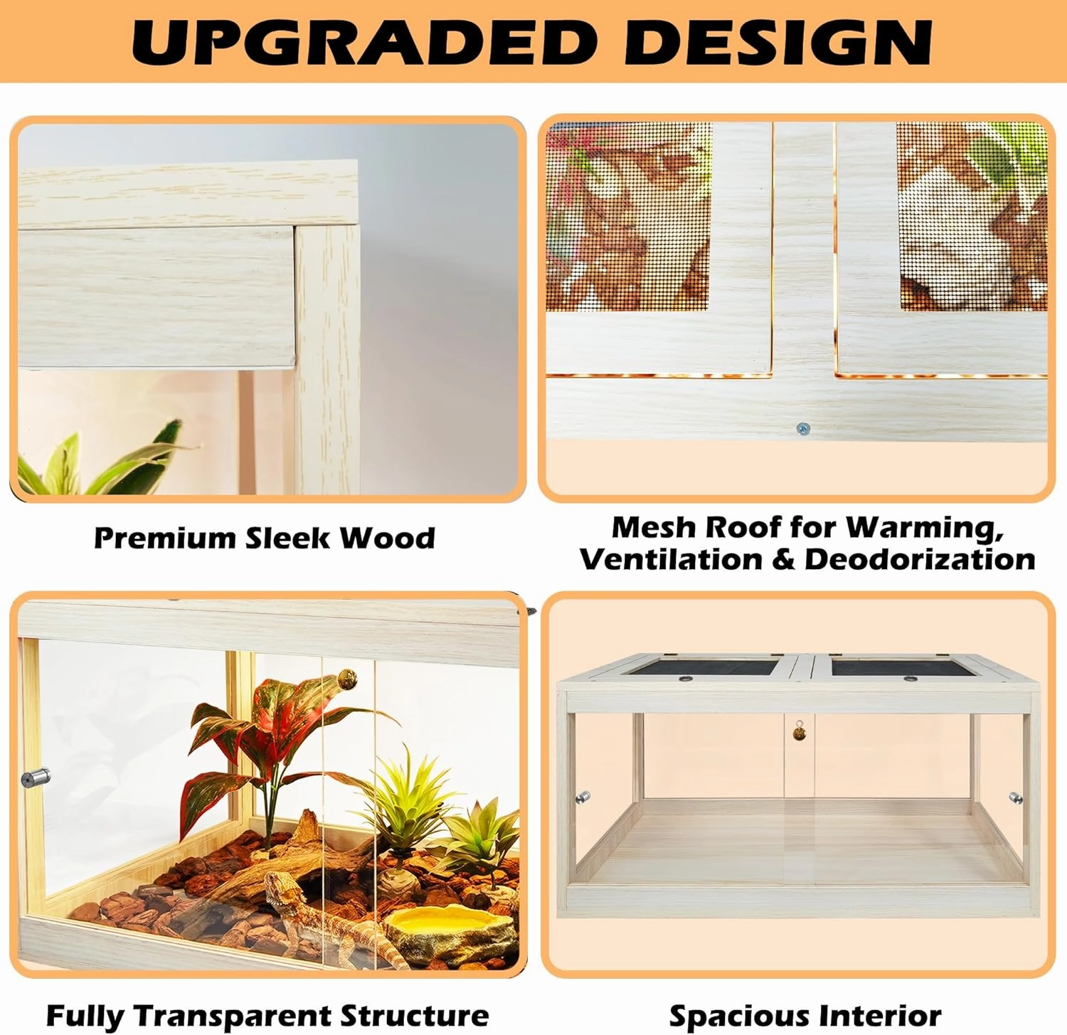Bearded Dragon Tank 37 Gallon, Lizard Tank, Reptile Tank with Metal Mesh Roof Door, Snake Tank with Lock Design, 32" Long, Oak