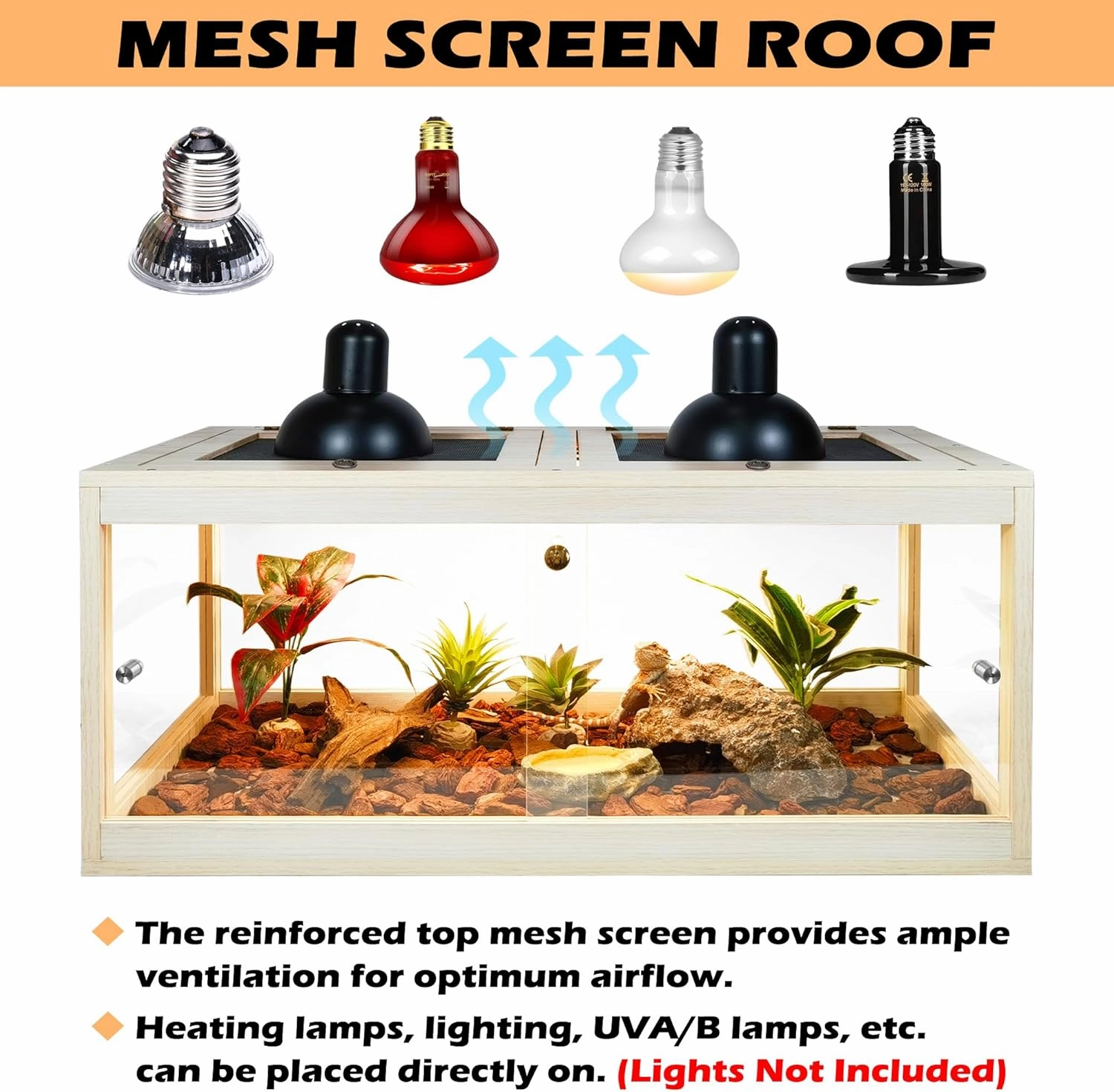 Bearded Dragon Tank 37 Gallon, Lizard Tank, Reptile Tank with Metal Mesh Roof Door, Snake Tank with Lock Design, 32" Long, Oak