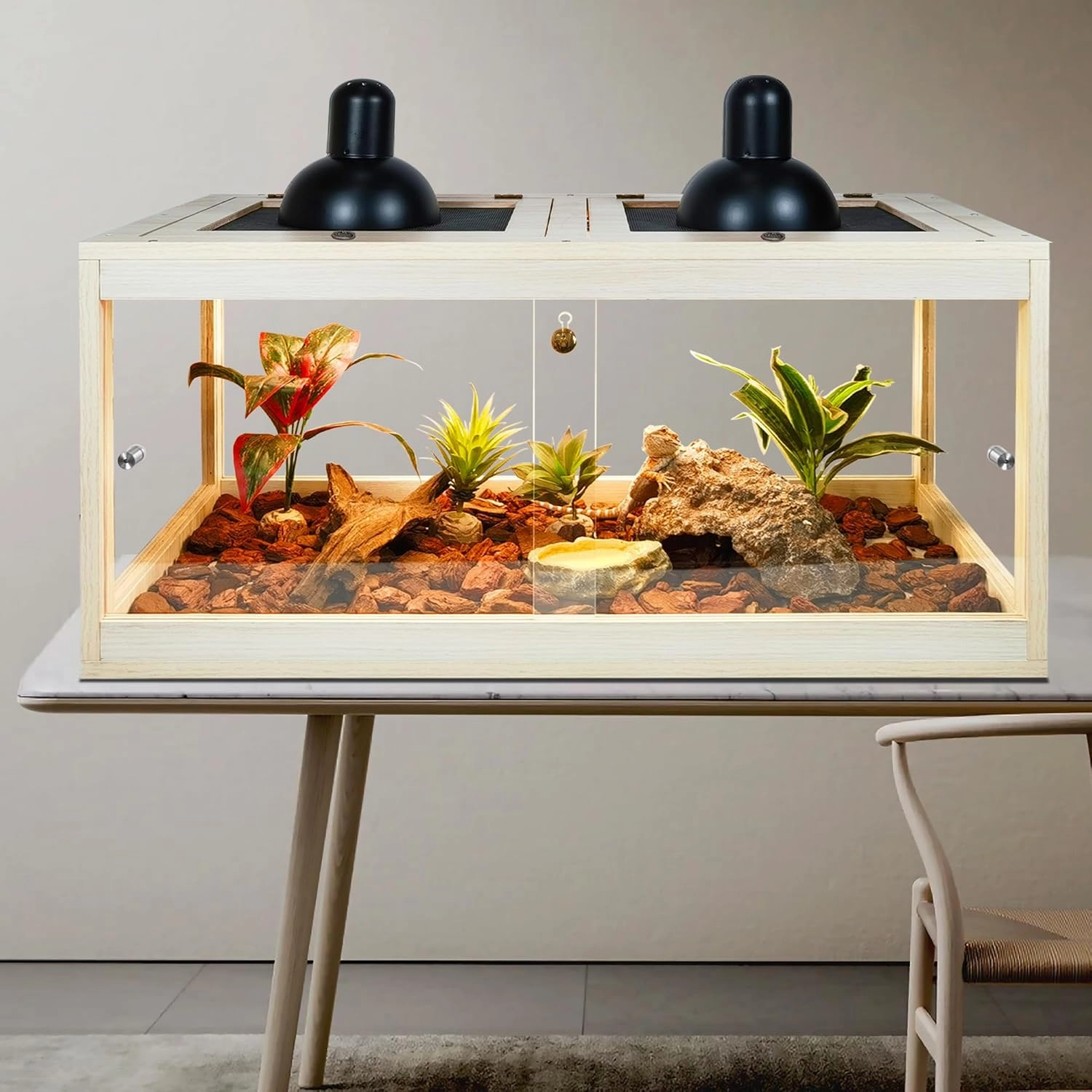 Bearded Dragon Tank 37 Gallon, Lizard Tank, Reptile Tank with Metal Mesh Roof Door, Snake Tank with Lock Design, 32" Long, Oak