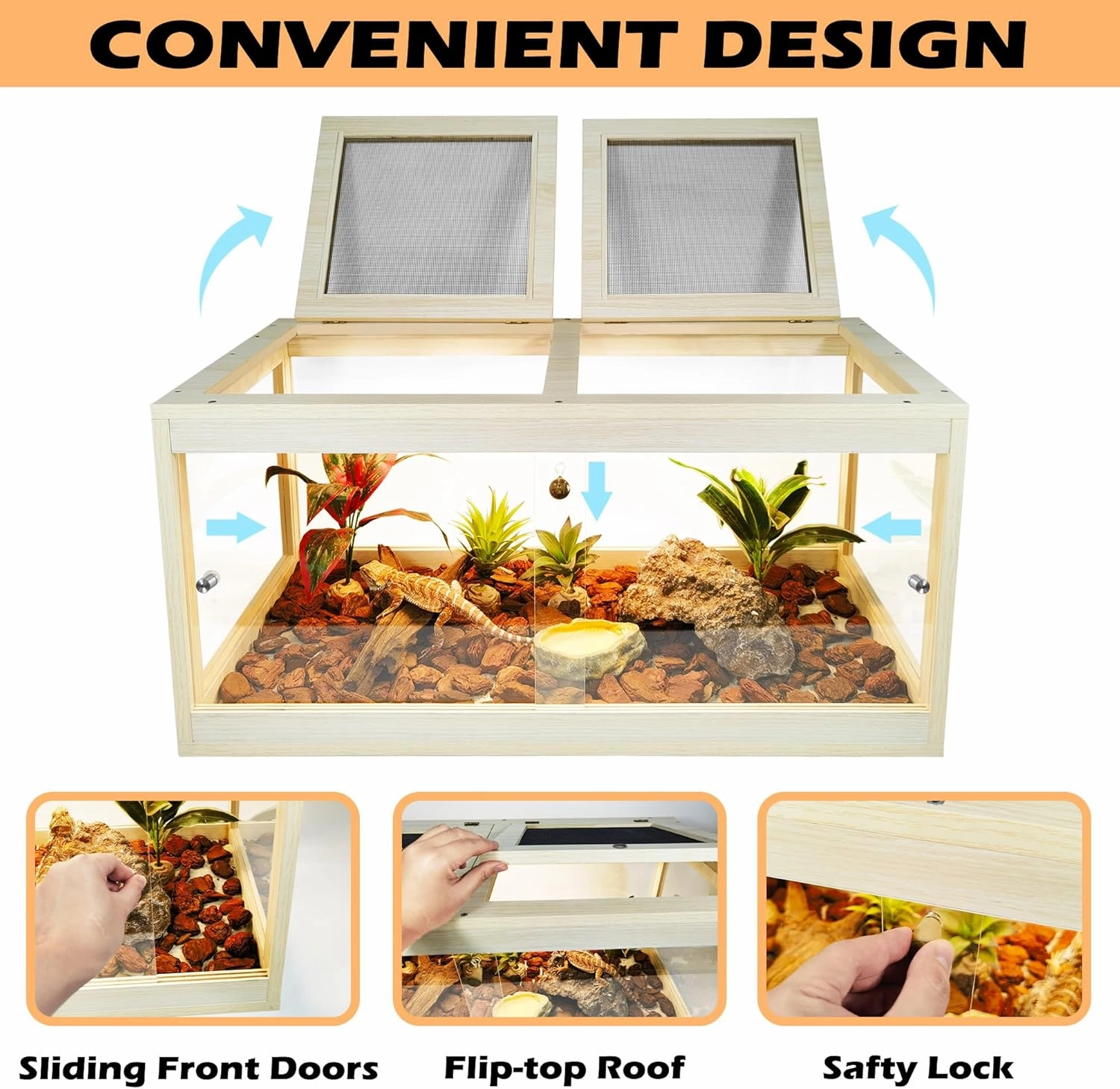 Bearded Dragon Tank 37 Gallon, Lizard Tank, Reptile Tank with Metal Mesh Roof Door, Snake Tank with Lock Design, 32" Long, Oak