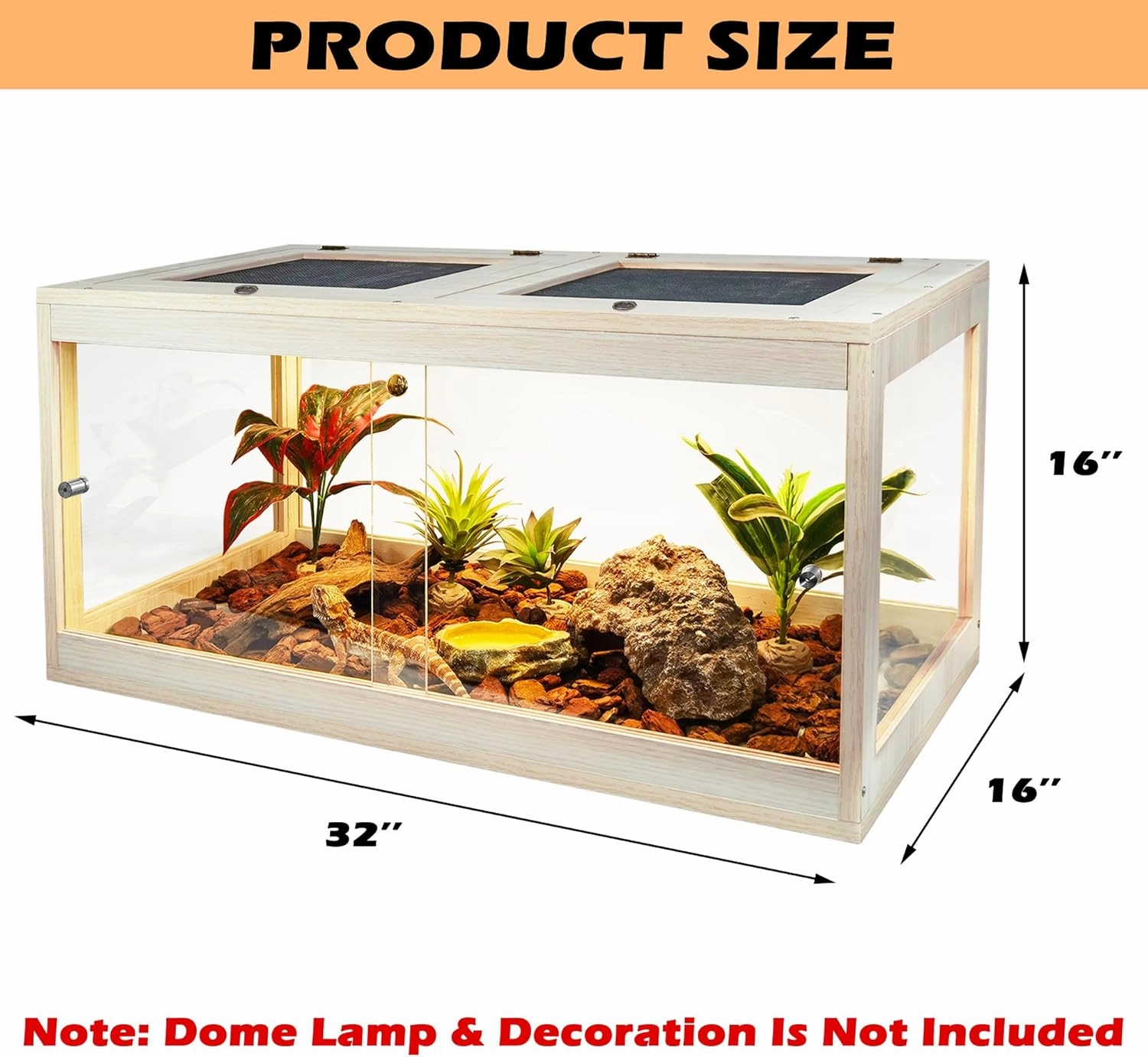 Bearded Dragon Tank 37 Gallon, Lizard Tank, Reptile Tank with Metal Mesh Roof Door, Snake Tank with Lock Design, 32" Long, Oak