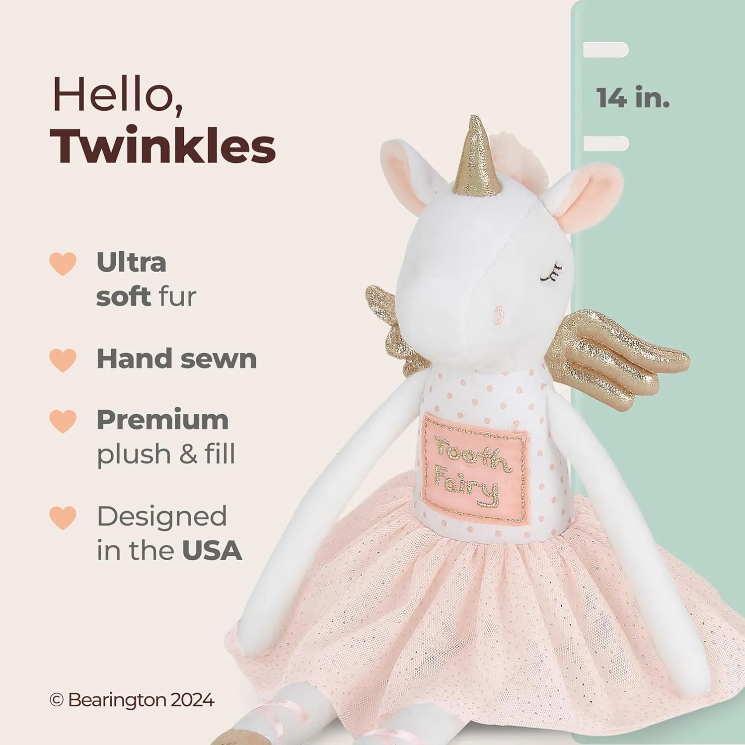 Bearington Collection Twinkles Soft Plush Unicorn Tooth Fairy Doll, 14 Inches