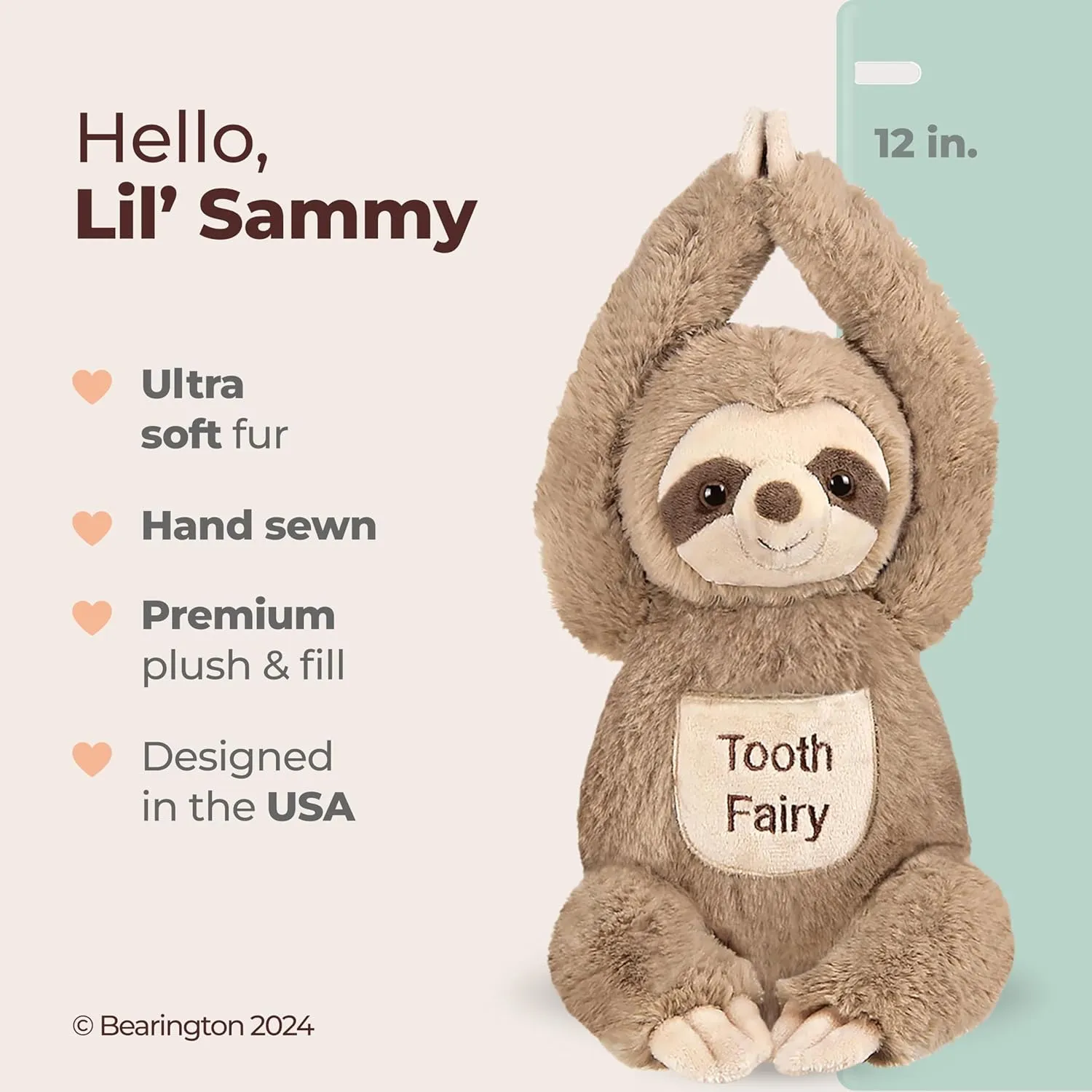 Bearington Lil' Sammy Plush Sloth Tooth Fairy Stuffed Animal, 12 Inch