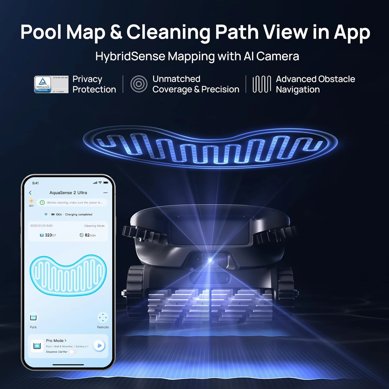 Beatbot AquaSense 2 Ultra Cordless Robotic Pool Cleaner for Complex Pools, Pool Mapping with AI Camera, 5-in-1 Cleaning, Smart Surface Parking, Pool Skimmer, Water Clarification – Midnight Blue