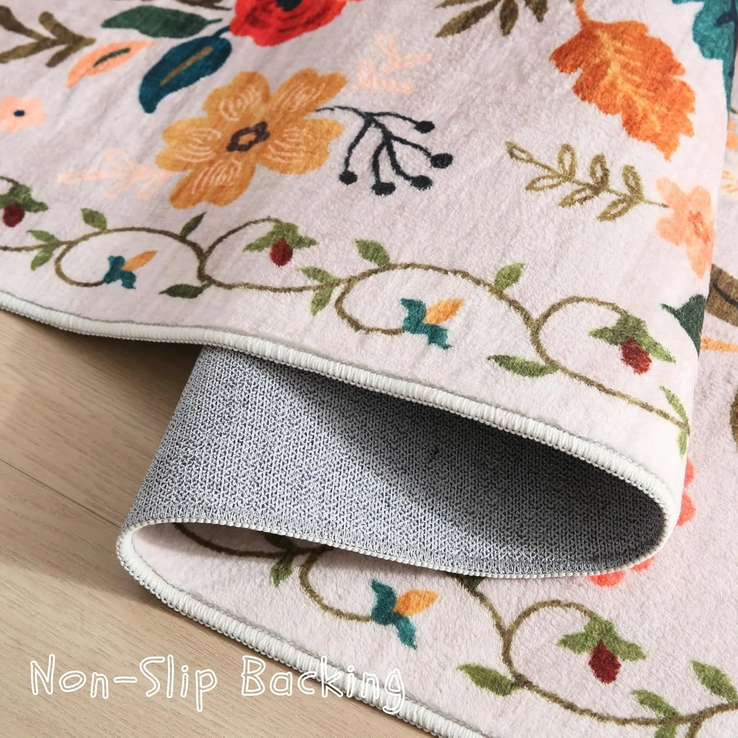 Bedroom Rug 3x5 Rug Washable Area Rug Non Slip Low Pile Boho Floral Small Carpet for Bedroom, Bedside, Kitchen, Entryway, Kids Room, Office, College Dorm Essentials for Girls(Beige)
