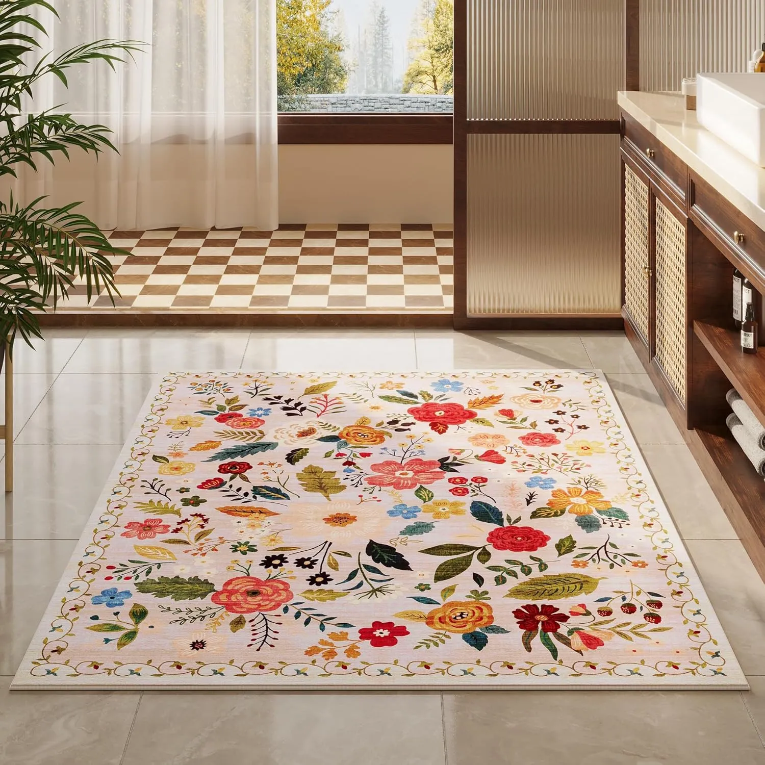 Bedroom Rug 3x5 Rug Washable Area Rug Non Slip Low Pile Boho Floral Small Carpet for Bedroom, Bedside, Kitchen, Entryway, Kids Room, Office, College Dorm Essentials for Girls(Beige)