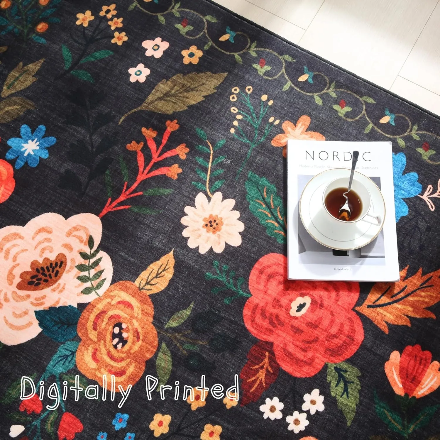 Bedroom Rug 3x5 Rug Washable Area Rug Non Slip Low Pile Boho Floral Small Carpet for Bedroom, Bedside, Kitchen, Entryway, Kids Room, Office, College Dorm Essentials for Girls(Black)