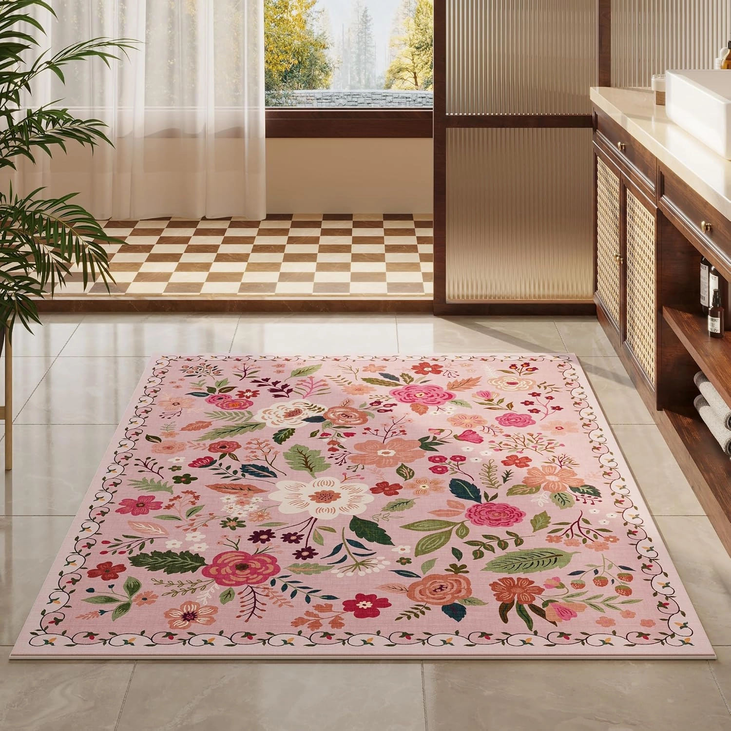 Bedroom Rug 3x5 Rug Washable Area Rug Non Slip Low Pile Boho Floral Small Carpet for Bedroom, Bedside, Kitchen, Entryway, Kids Room, Office, College Dorm Essentials for Girls(Pink)