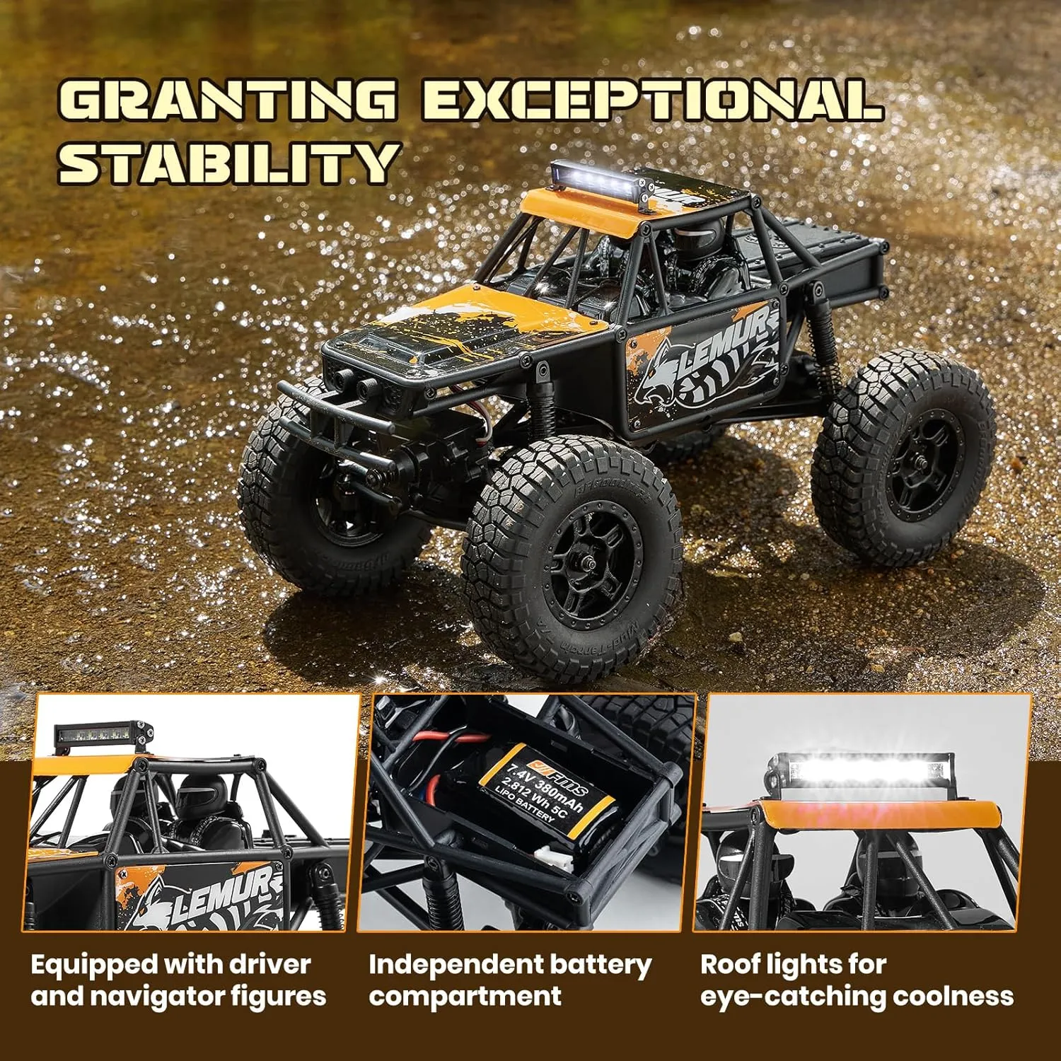 BEEZRC FMS 1/24 RC Crawler Lemur RTR FCX24 4WD 2.4GHz RC Rock Truck Offroad Mini Model Car Hobby Grade Remote Control Car with LED Lights (Orange) FMS12404RTROR