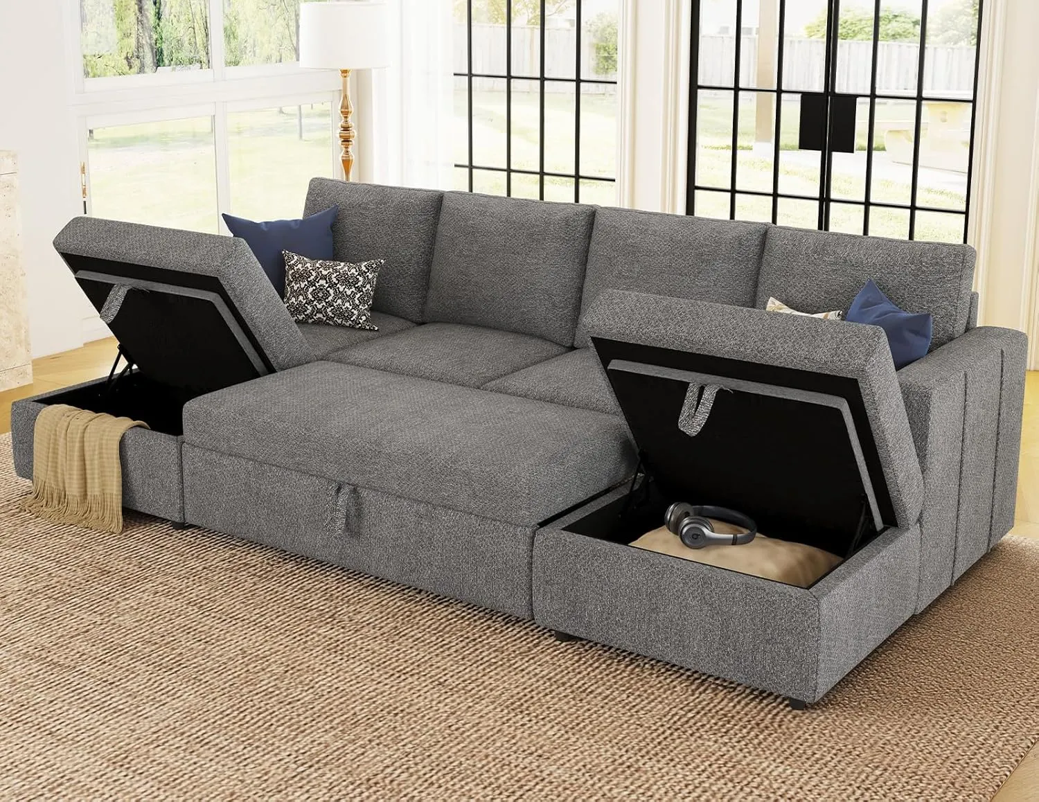 Belffin Modular Sectional Sleeper Sofa Bed with Pull Out Couch, U Shaped Sleeper Pull Out Bed, Convertible Sectional Couches for Living Room, Light Grey
