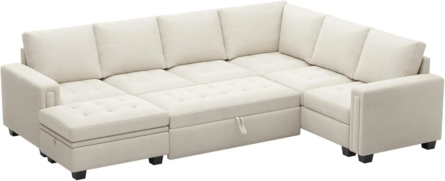 Belffin Modular Sectional Sleeper Sofa with Pull Out Bed U Shaped Sectional Sofa Couch with Storage Ottoman Velvet Covertible 7-Seater Sofa for Living Room Beige