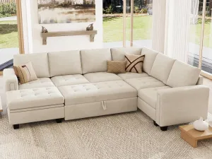 Belffin Modular Sectional Sleeper Sofa with Pull Out Bed U Shaped Sectional Sofa Couch with Storage Ottoman Velvet Covertible 7-Seater Sofa for Living Room Beige