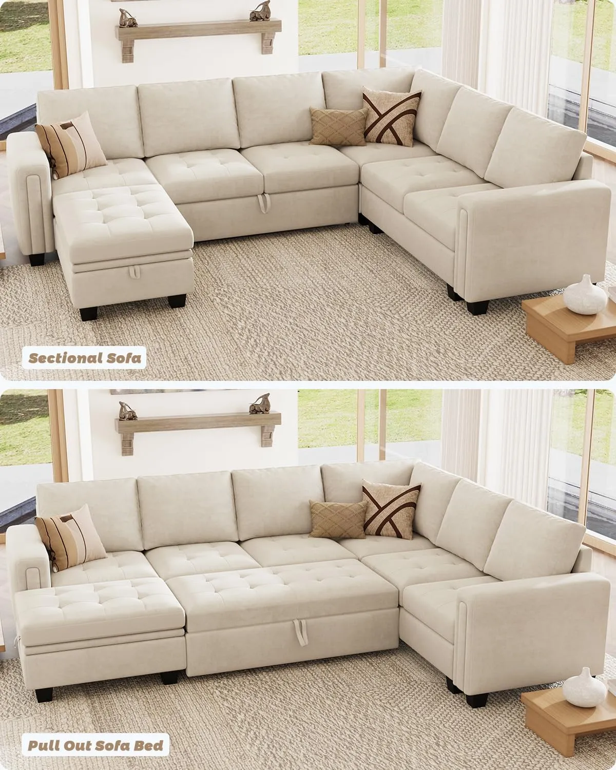 Belffin Modular Sectional Sleeper Sofa with Pull Out Bed U Shaped Sectional Sofa Couch with Storage Ottoman Velvet Covertible 7-Seater Sofa for Living Room Beige