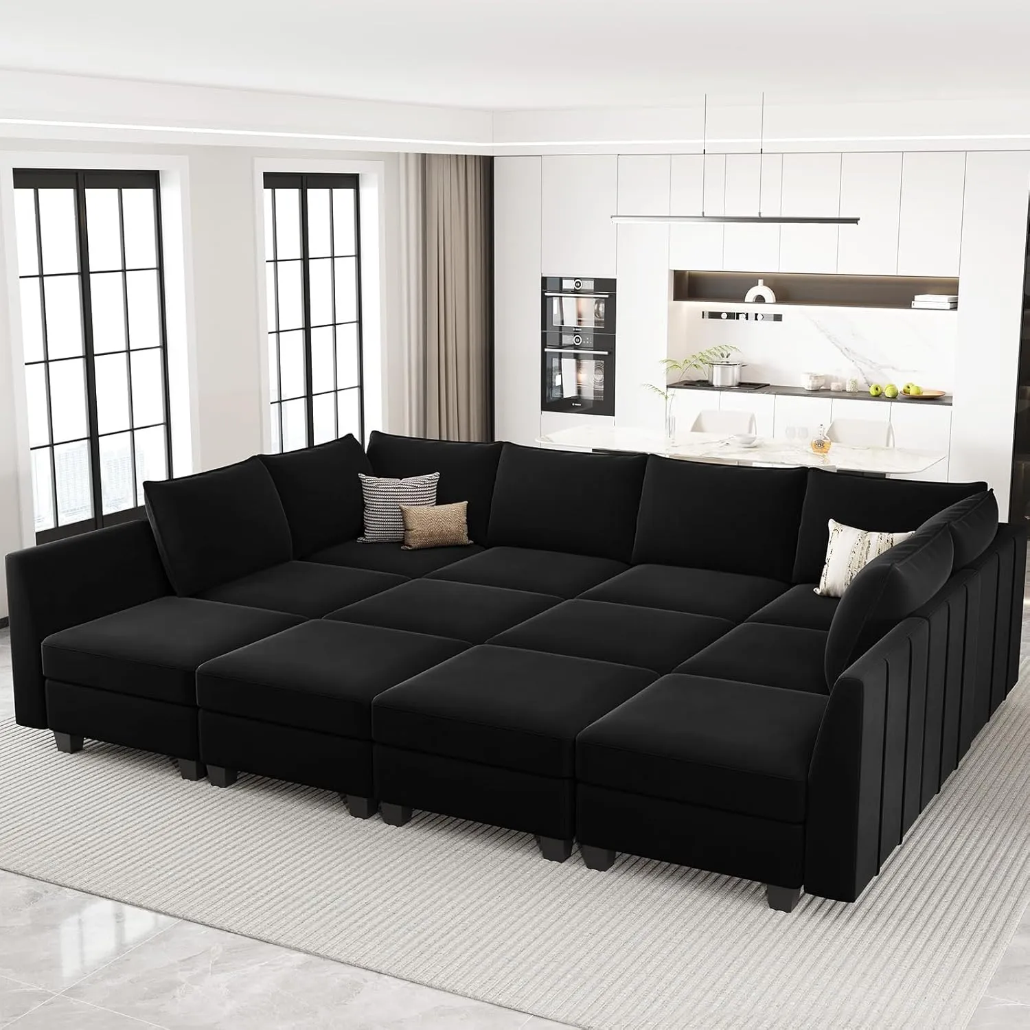 Belffin Oversized Modular Sectional Couch Sleeper Sofa with Storage Velvet Sectional Sofa Bed for Living Room, 12 Seats, Black