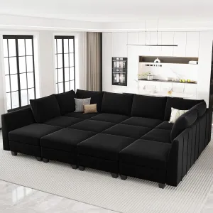 Belffin Oversized Modular Sectional Couch Sleeper Sofa with Storage Velvet Sectional Sofa Bed for Living Room, 12 Seats, Black