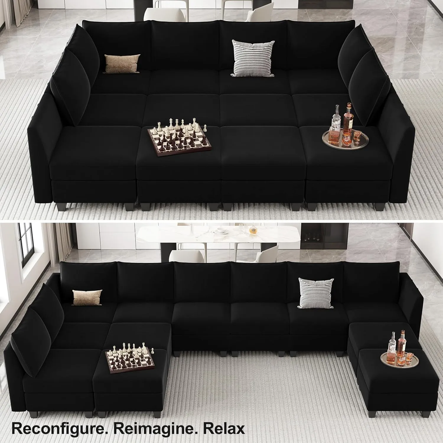 Belffin Oversized Modular Sectional Couch Sleeper Sofa with Storage Velvet Sectional Sofa Bed for Living Room, 12 Seats, Black