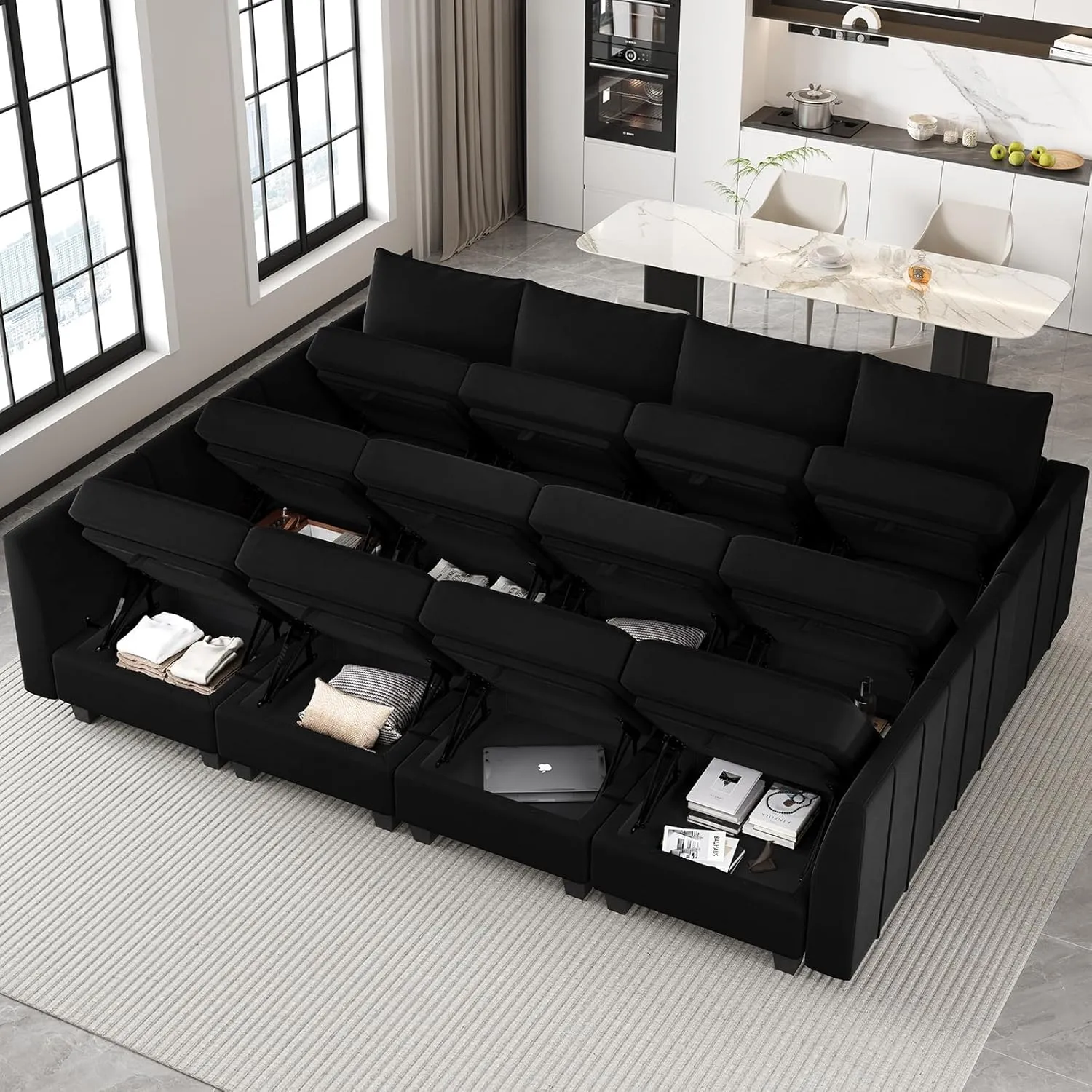 Belffin Oversized Modular Sectional Couch Sleeper Sofa with Storage Velvet Sectional Sofa Bed for Living Room, 12 Seats, Black