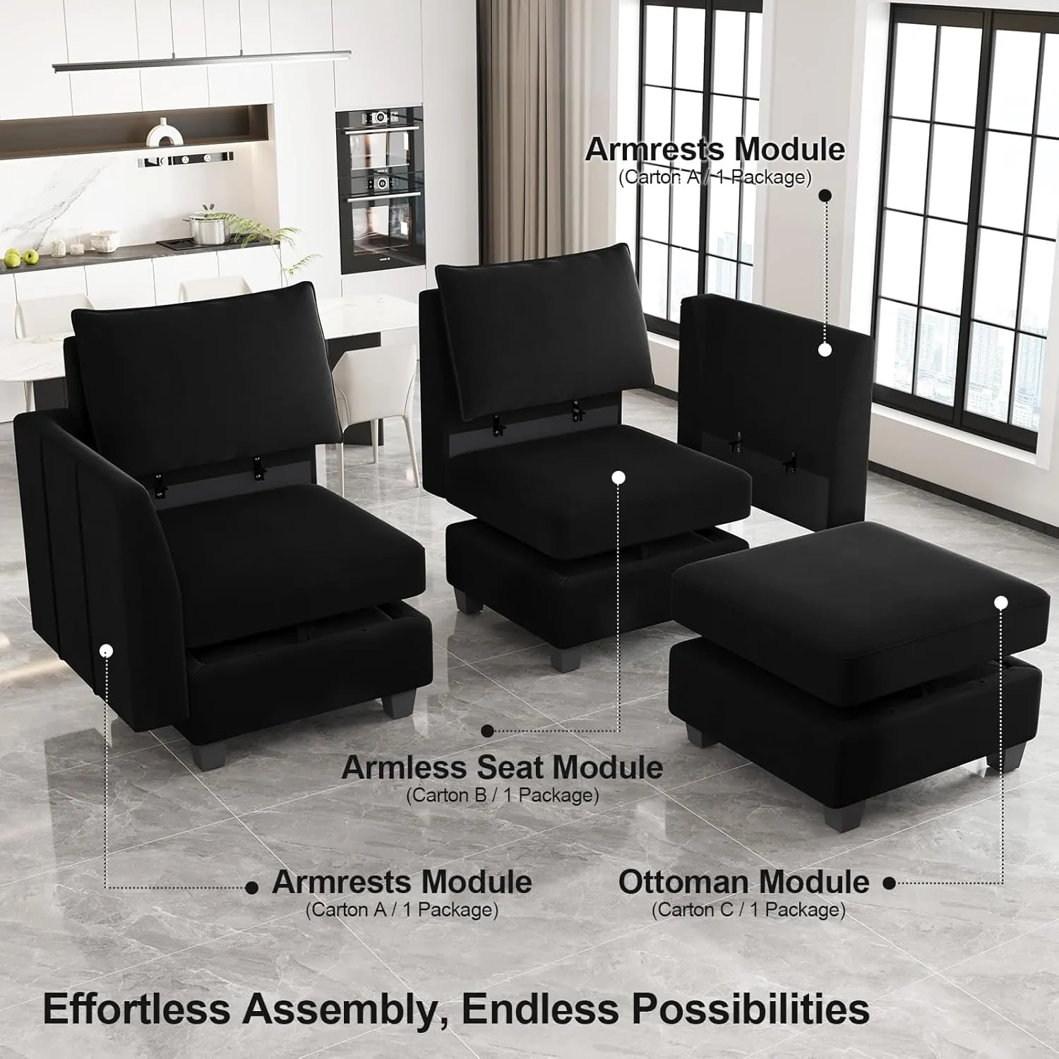 Belffin Oversized Modular Sectional Couch Sleeper Sofa with Storage Velvet Sectional Sofa Bed for Living Room, 12 Seats, Black