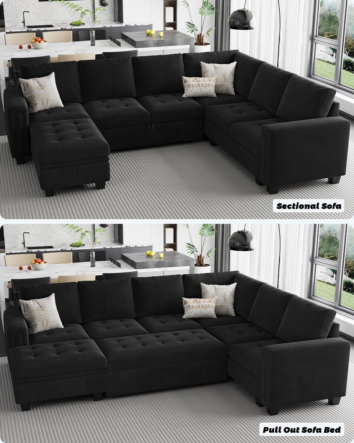 Belffin Modular Sectional Sleeper Sofa with Pull Out Bed U Shaped Sectional Sofa Couch with Storage Ottoman Velvet Covertible 7-Seater Sofa for Living Room Black