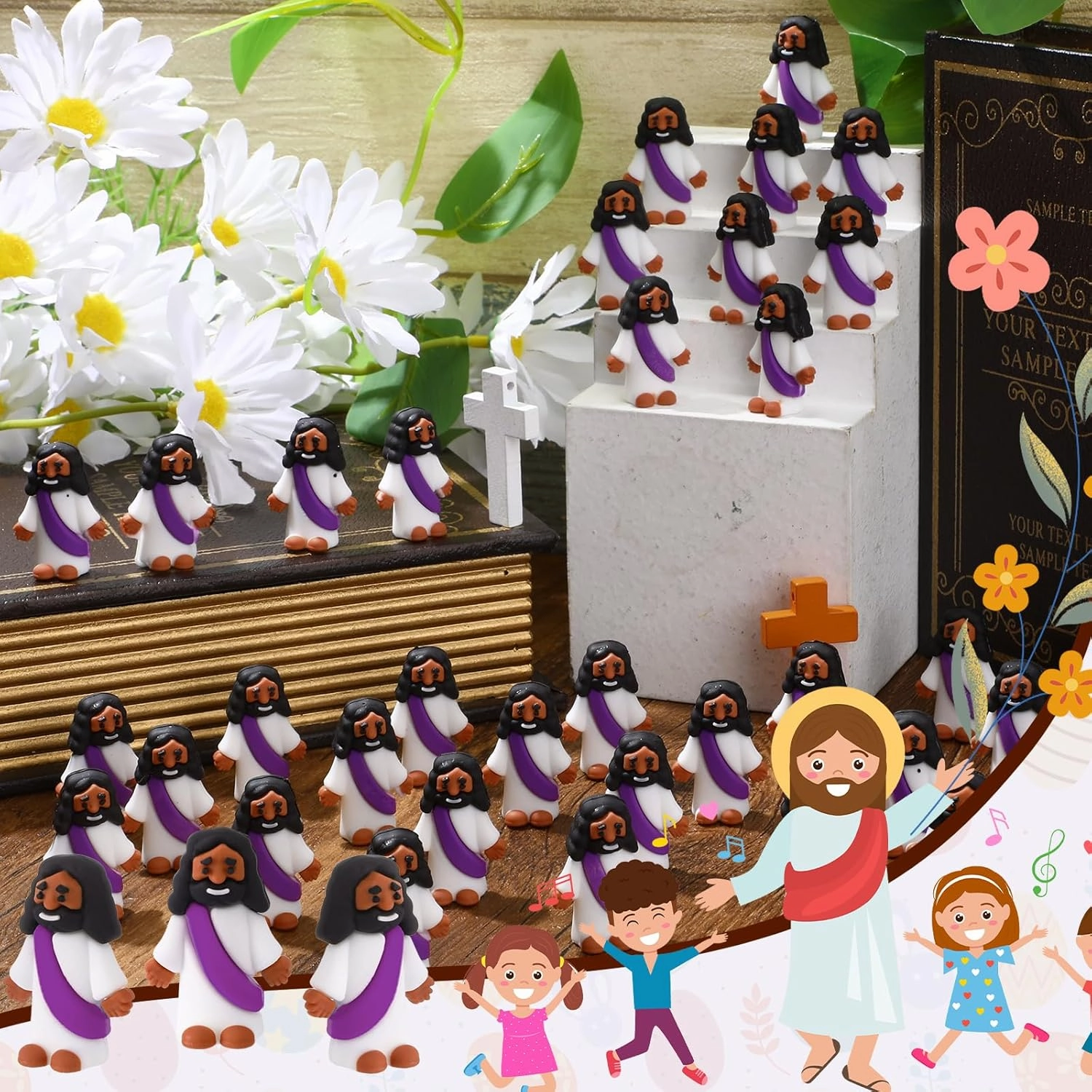 Bememo 50 Pcs Mini Black Jesus Toys Black Jesus Figurine Religious Gifts Little Figures to Hide and Seek Sunday School Religious Easter Party Favors(Purple)