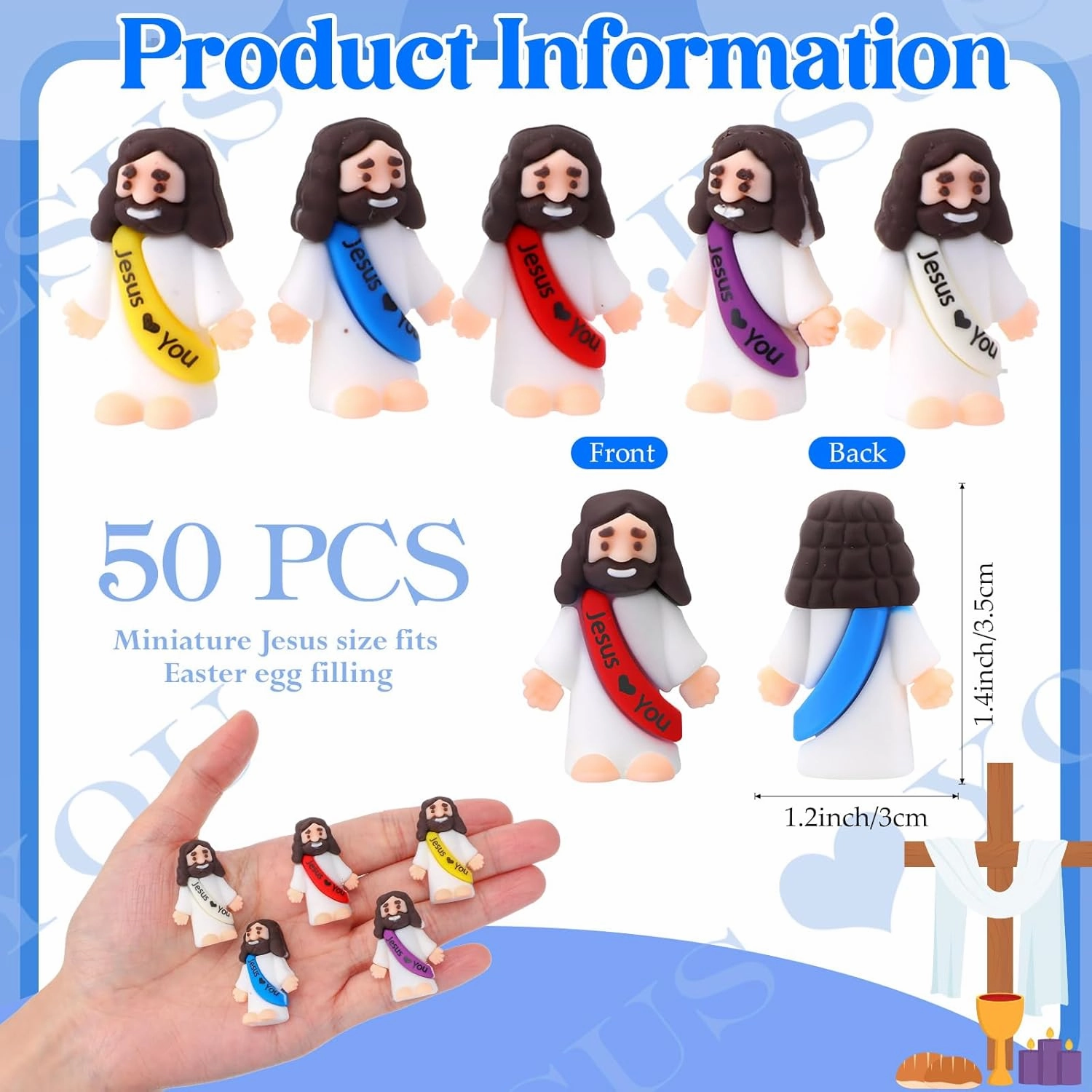 Bememo 50 Pcs Mini Jesus Figures Easter Jesus Loves You Christ Toys Little Christ Figures to Hide and Seek Sunday School Religious Party Favors Gift for Easter Egg Stuffers(Fresh Color)