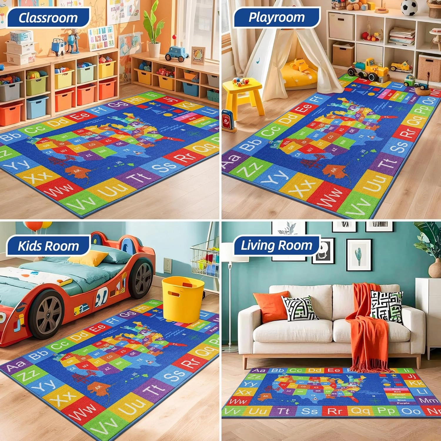 BEQHUASE Kids Rugs, 32”x60” ABC Play Mats Educational Learning Carpet, Non Slip Washable Nursery Rug Alphabet Floor Mat for Kids Room, Toddler Classroom and Baby Playroom
