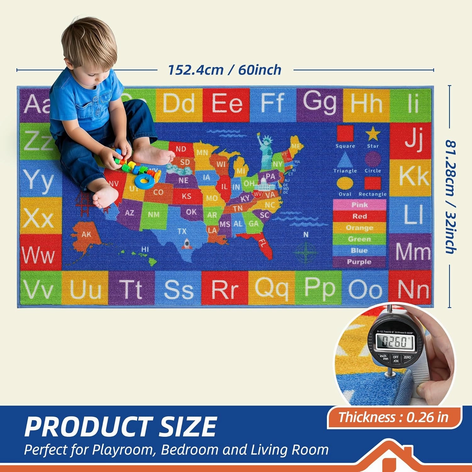 BEQHUASE Kids Rugs, 32”x60” ABC Play Mats Educational Learning Carpet, Non Slip Washable Nursery Rug Alphabet Floor Mat for Kids Room, Toddler Classroom and Baby Playroom
