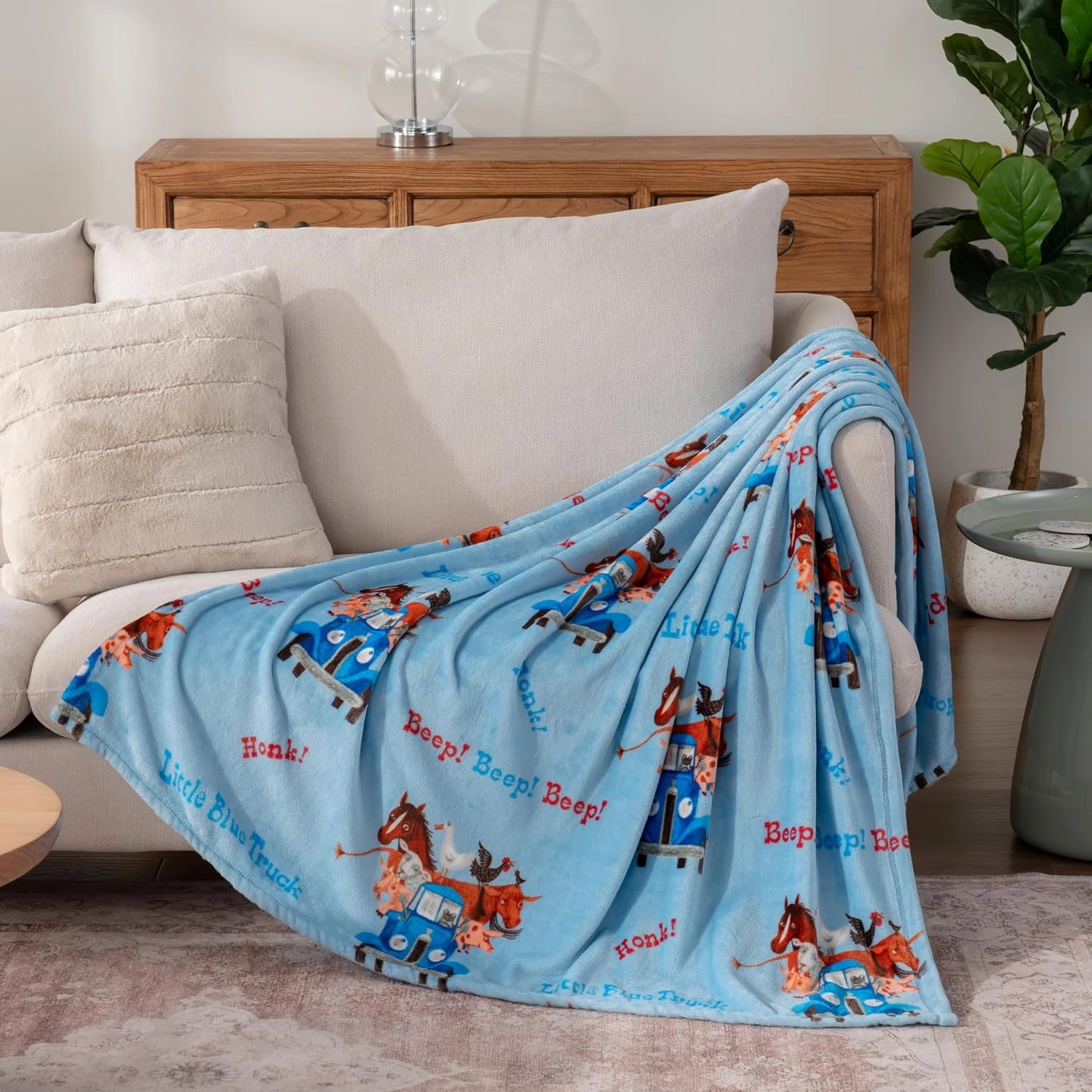 Berkshire Blanket - Lovely Little Blue Truck-Themed Kids Throw Made with Signature VelvetLoft Fabric, Pet-Friendly and Cozy Throw, 50 in x 60 in, Beep Beep Truck Blue