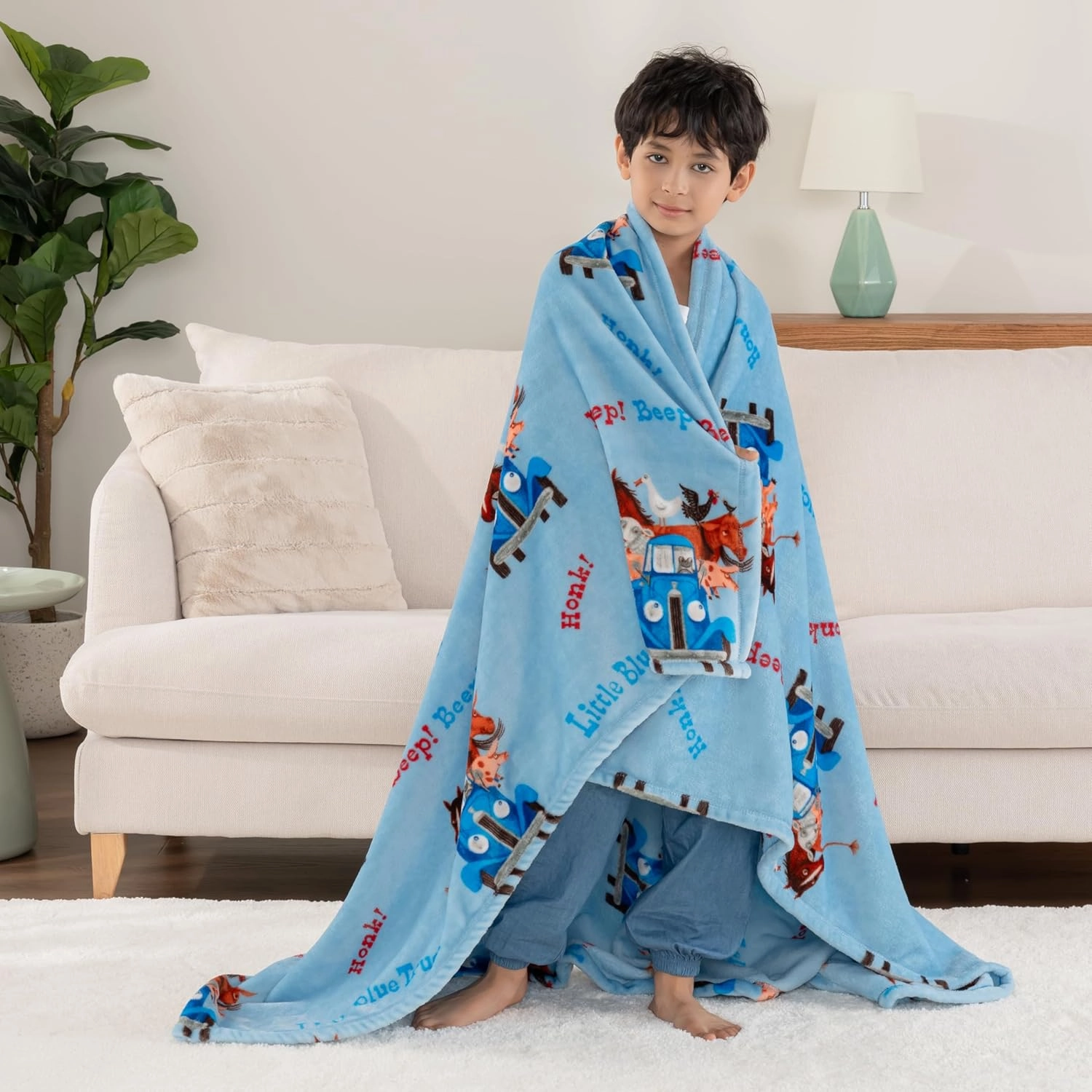 Berkshire Blanket - Lovely Little Blue Truck-Themed Kids Throw Made with Signature VelvetLoft Fabric, Pet-Friendly and Cozy Throw, 50 in x 60 in, Beep Beep Truck Blue