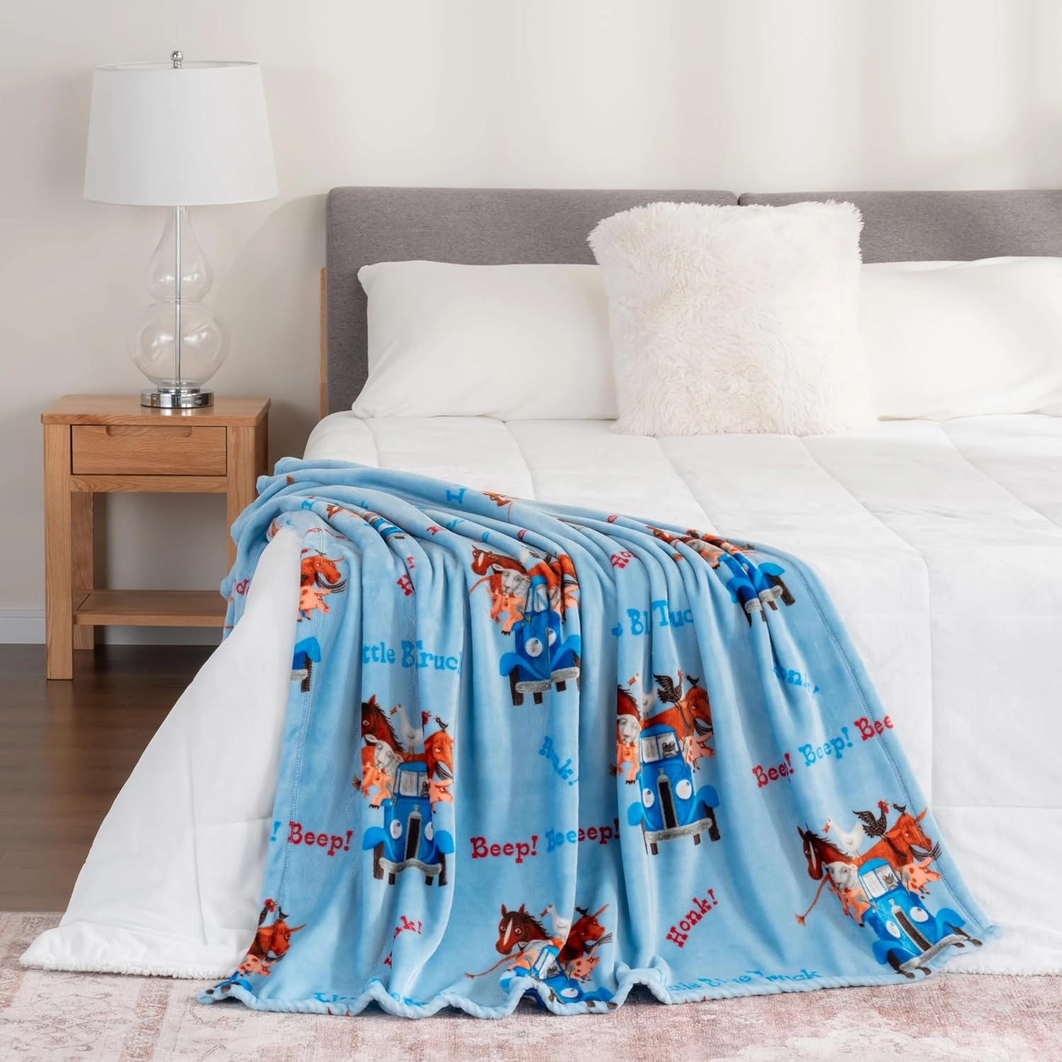 Berkshire Blanket - Lovely Little Blue Truck-Themed Kids Throw Made with Signature VelvetLoft Fabric, Pet-Friendly and Cozy Throw, 50 in x 60 in, Beep Beep Truck Blue