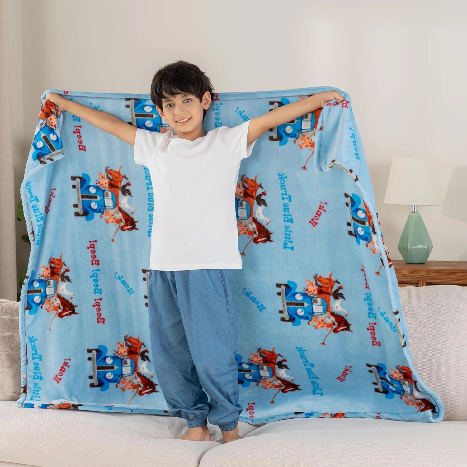Berkshire Blanket - Lovely Little Blue Truck-Themed Kids Throw Made with Signature VelvetLoft Fabric, Pet-Friendly and Cozy Throw, 50 in x 60 in, Beep Beep Truck Blue