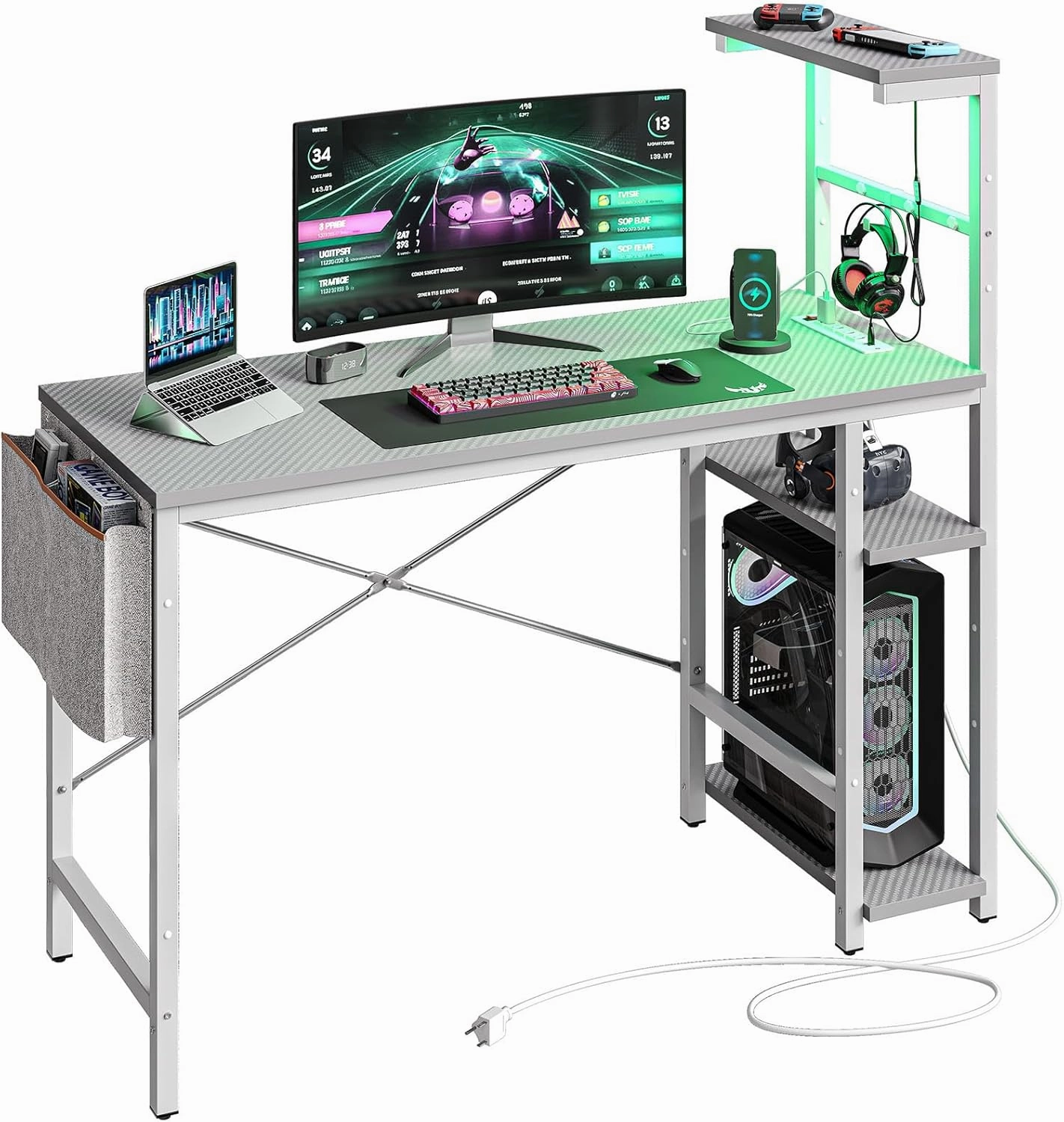 Bestier Gaming Desk with Power Outlets, 44 Inch Led Gamer Desk with 4 Tiers Reversible Shelves, PC Gaming Table with Headset Hook & Side Storage Bag for Bedroom (Grey 3D Carbon Fiber)