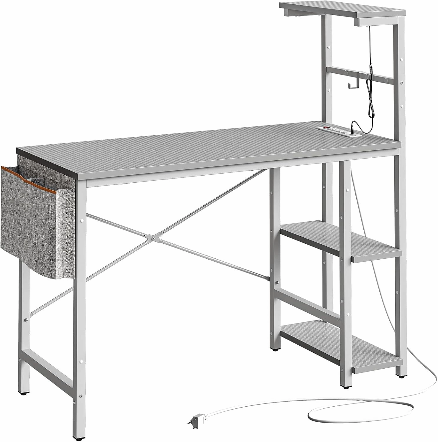 Bestier Gaming Desk with Power Outlets, 44 Inch Led Gamer Desk with 4 Tiers Reversible Shelves, PC Gaming Table with Headset Hook & Side Storage Bag for Bedroom (Grey 3D Carbon Fiber)