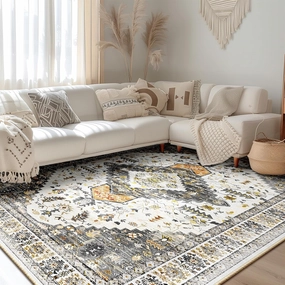 BESTSWEETIE 8x10 Area Rug for Living Room Washable Rugs No Pile Carpet for Entryway Bedroom Dinning Room Playroom Vintage Boho Carpet Print Distressed Non-Slip, 8 x 10 ft, Grey Brown Neutral