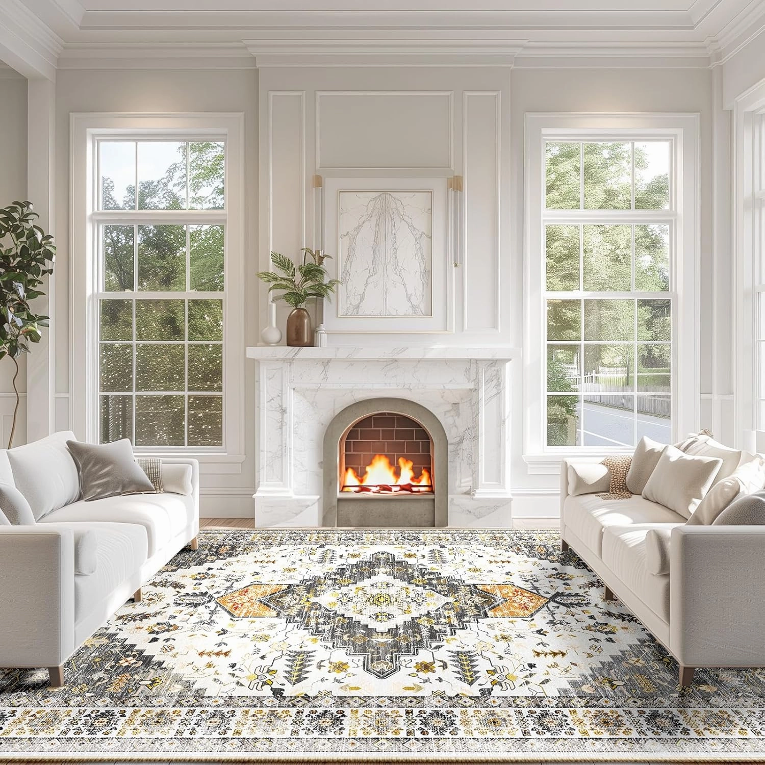 BESTSWEETIE 8x10 Area Rug for Living Room Washable Rugs No Pile Carpet for Entryway Bedroom Dinning Room Playroom Vintage Boho Carpet Print Distressed Non-Slip, 8 x 10 ft, Grey Brown Neutral