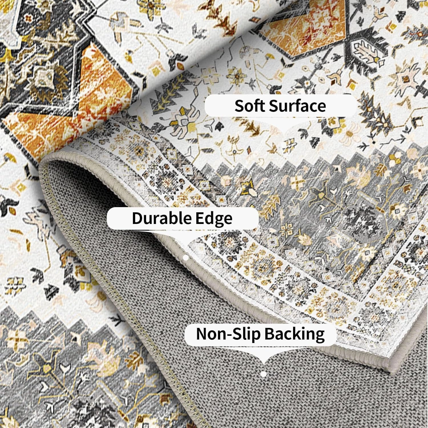 BESTSWEETIE 8x10 Area Rug for Living Room Washable Rugs No Pile Carpet for Entryway Bedroom Dinning Room Playroom Vintage Boho Carpet Print Distressed Non-Slip, 8 x 10 ft, Grey Brown Neutral