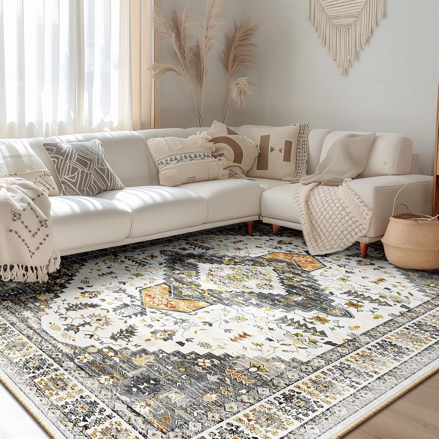 BESTSWEETIE 8x10 Area Rug for Living Room Washable Rugs No Pile Carpet for Entryway Bedroom Dinning Room Playroom Vintage Boho Carpet Print Distressed Non-Slip, 8 x 10 ft, Grey Brown Neutral