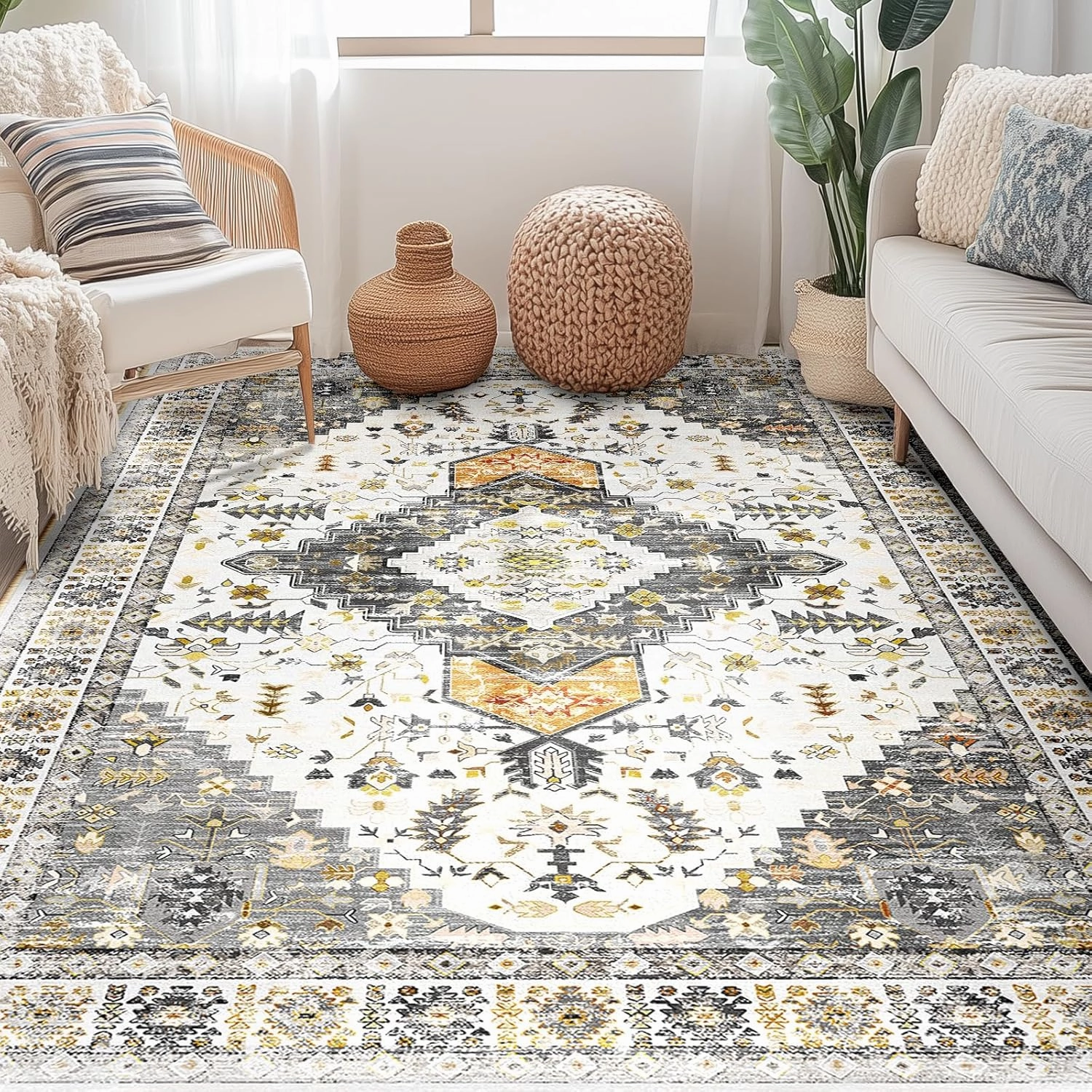 BESTSWEETIE 8x10 Area Rug for Living Room Washable Rugs No Pile Carpet for Entryway Bedroom Dinning Room Playroom Vintage Boho Carpet Print Distressed Non-Slip, 8 x 10 ft, Grey Brown Neutral