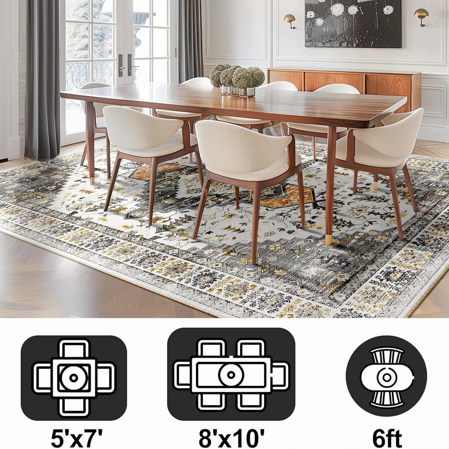 BESTSWEETIE 8x10 Area Rug for Living Room Washable Rugs No Pile Carpet for Entryway Bedroom Dinning Room Playroom Vintage Boho Carpet Print Distressed Non-Slip, 8 x 10 ft, Grey Brown Neutral