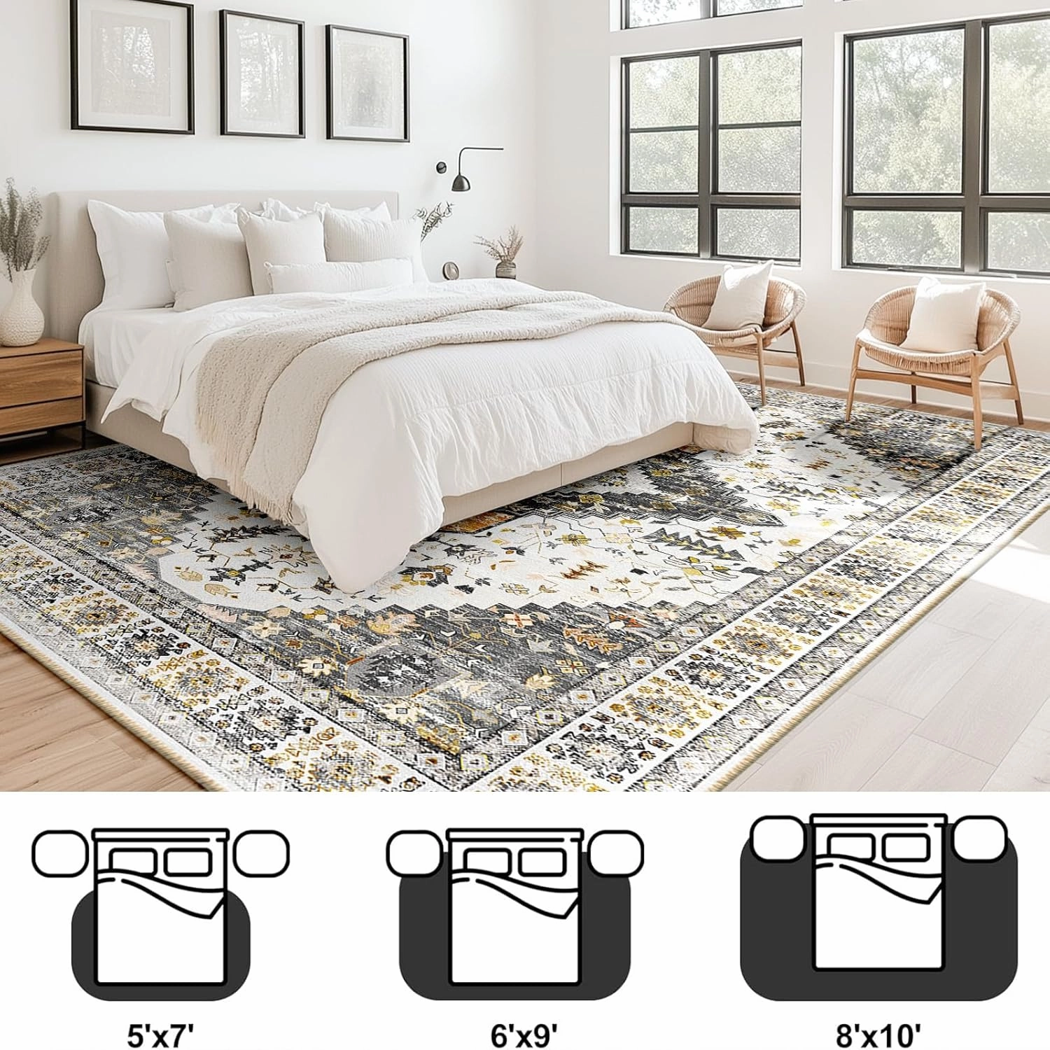 BESTSWEETIE 8x10 Area Rug for Living Room Washable Rugs No Pile Carpet for Entryway Bedroom Dinning Room Playroom Vintage Boho Carpet Print Distressed Non-Slip, 8 x 10 ft, Grey Brown Neutral