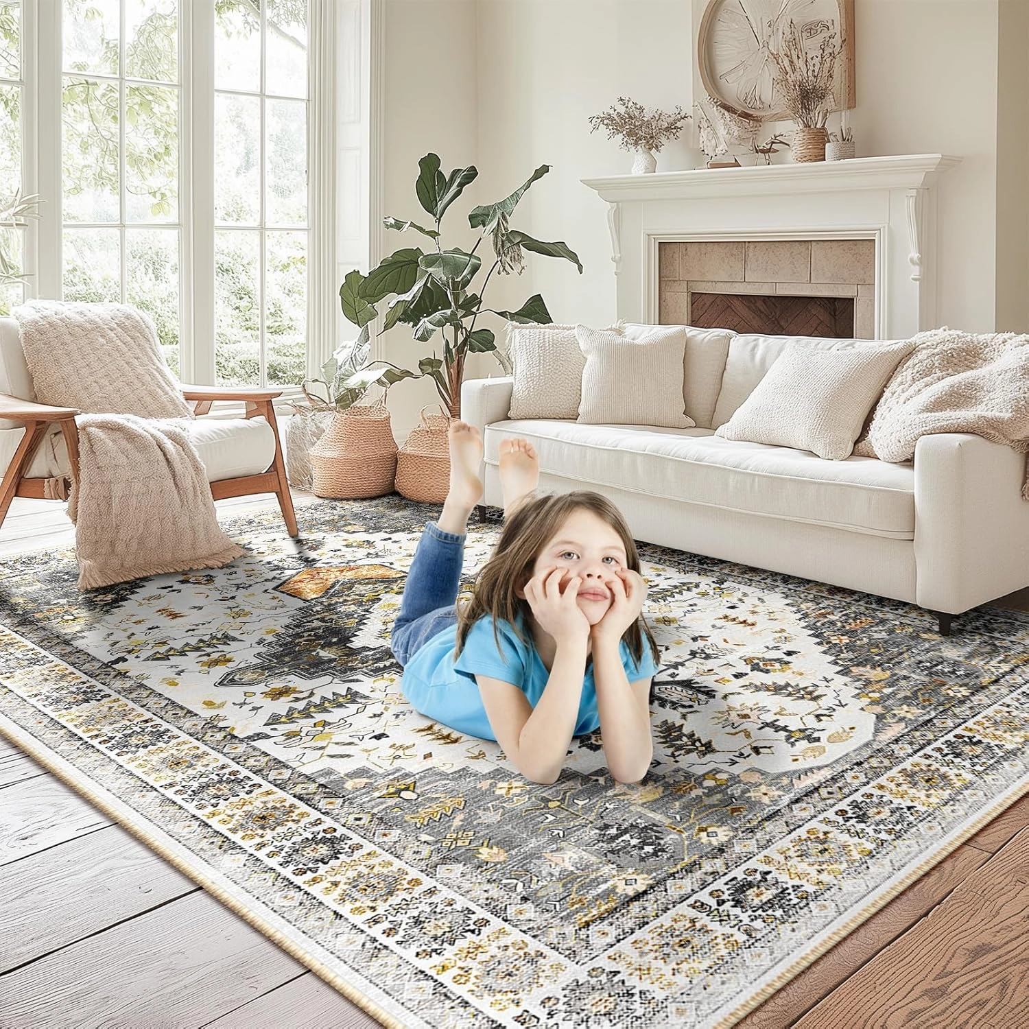 BESTSWEETIE 8x10 Area Rug for Living Room Washable Rugs No Pile Carpet for Entryway Bedroom Dinning Room Playroom Vintage Boho Carpet Print Distressed Non-Slip, 8 x 10 ft, Grey Brown Neutral