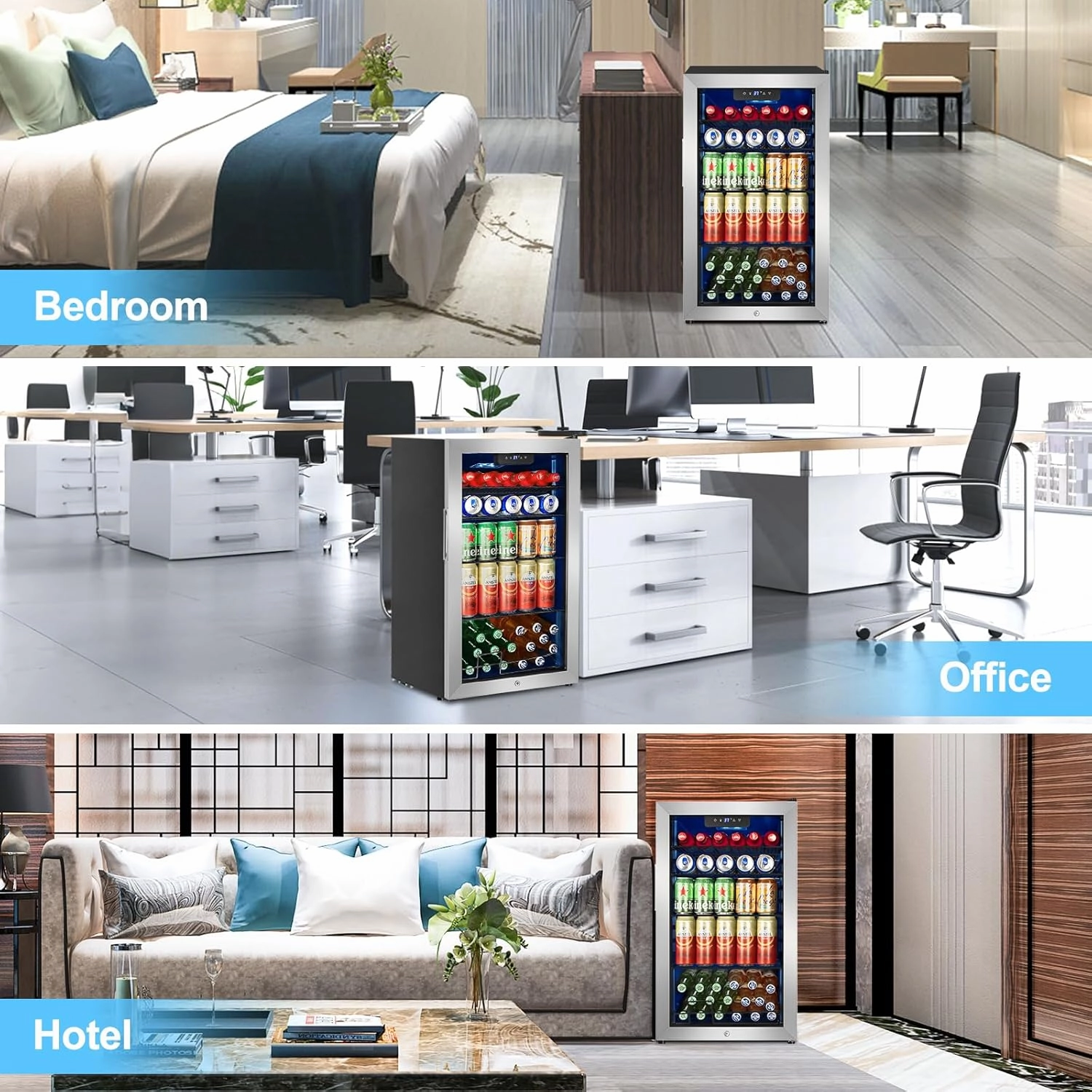 Beverage Refrigerator 126 Can, Mini Beverage Fridge Small Beverage Cooler Stainless Steel with Glass Door Safety Lock, Drink Fridge for Beer Soda Wine, Perfect for Dorm Office Hotel