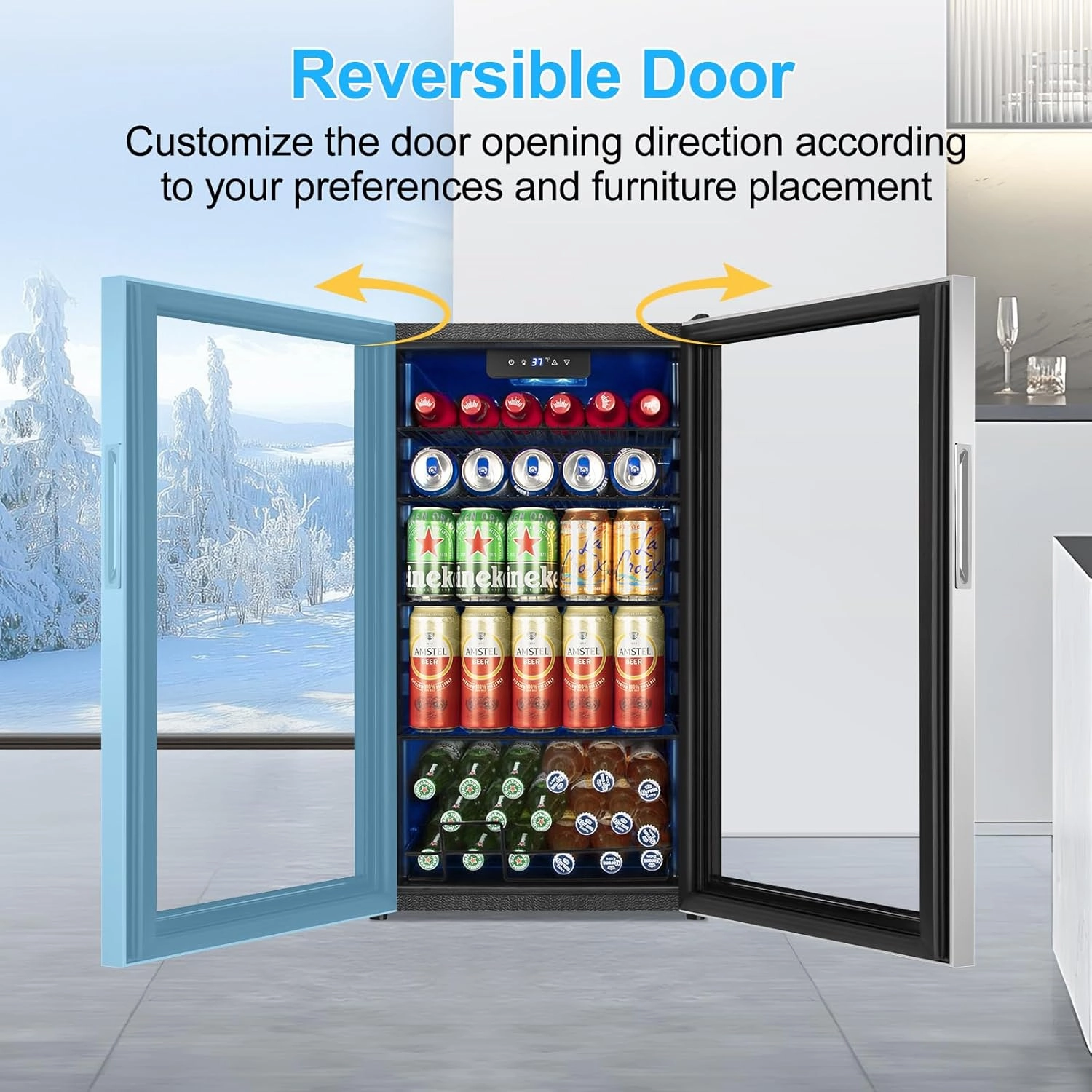 Beverage Refrigerator 126 Can, Mini Beverage Fridge Small Beverage Cooler Stainless Steel with Glass Door Safety Lock, Drink Fridge for Beer Soda Wine, Perfect for Dorm Office Hotel