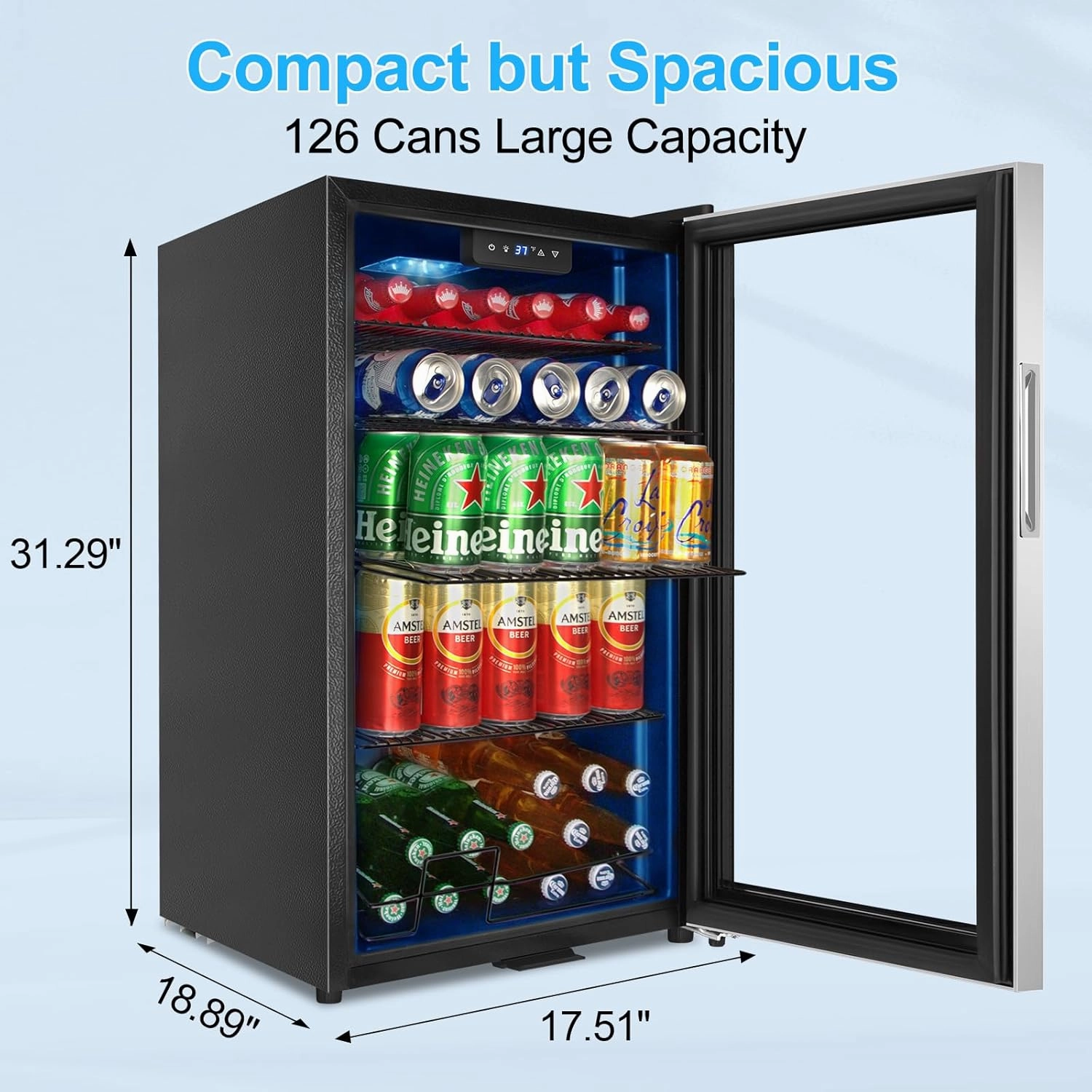 Beverage Refrigerator 126 Can, Mini Beverage Fridge Small Beverage Cooler Stainless Steel with Glass Door Safety Lock, Drink Fridge for Beer Soda Wine, Perfect for Dorm Office Hotel