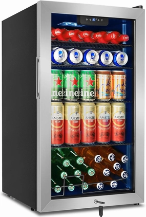 Beverage Refrigerator 126 Can, Mini Beverage Fridge Small Beverage Cooler Stainless Steel with Glass Door Safety Lock, Drink Fridge for Beer Soda Wine, Perfect for Dorm Office Hotel